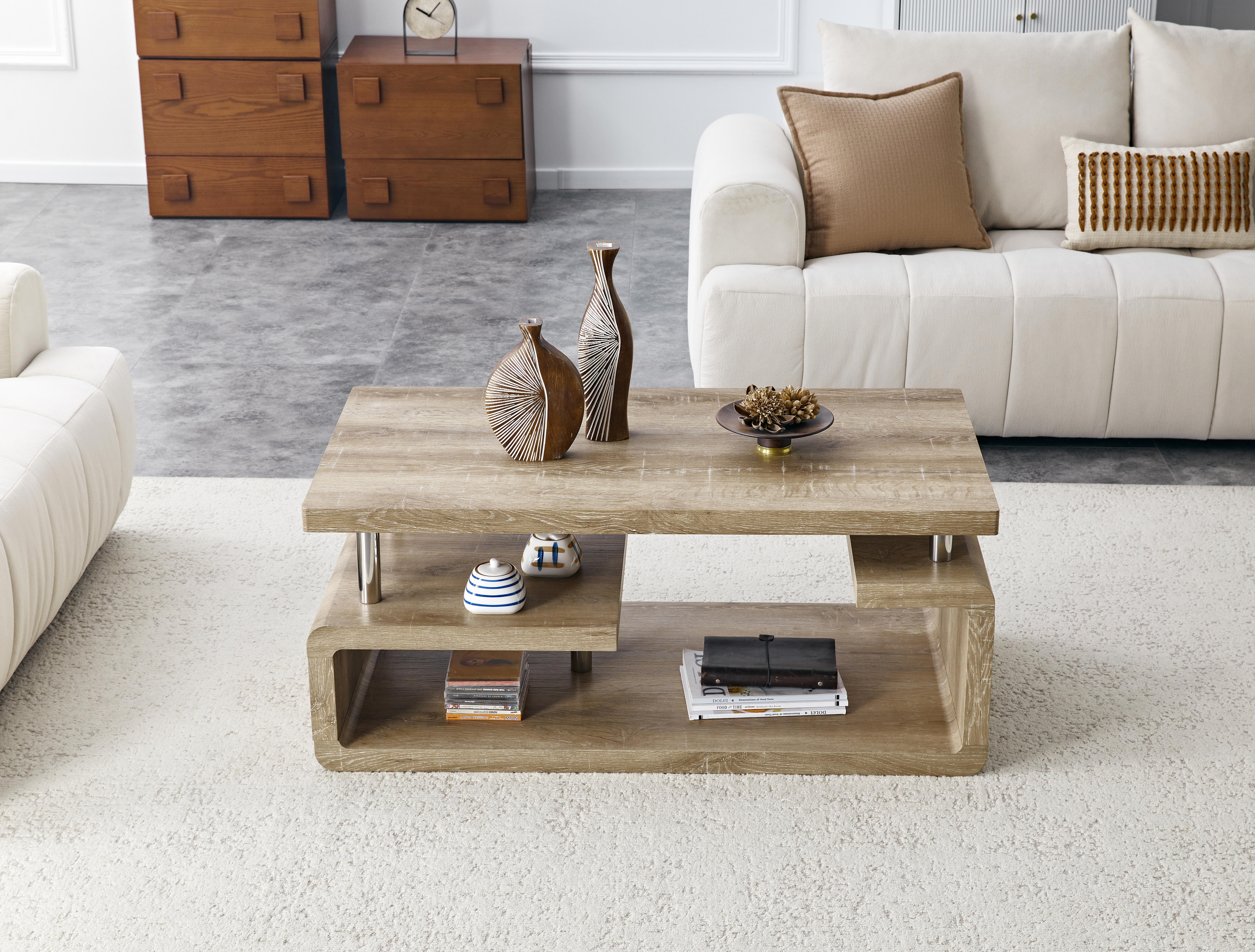MDF Coffee Table With Carved Knife Wood Grain, Multi-Storage Open Compartments Coffee Table For Living Room Office Modern Home Decor — foto 5