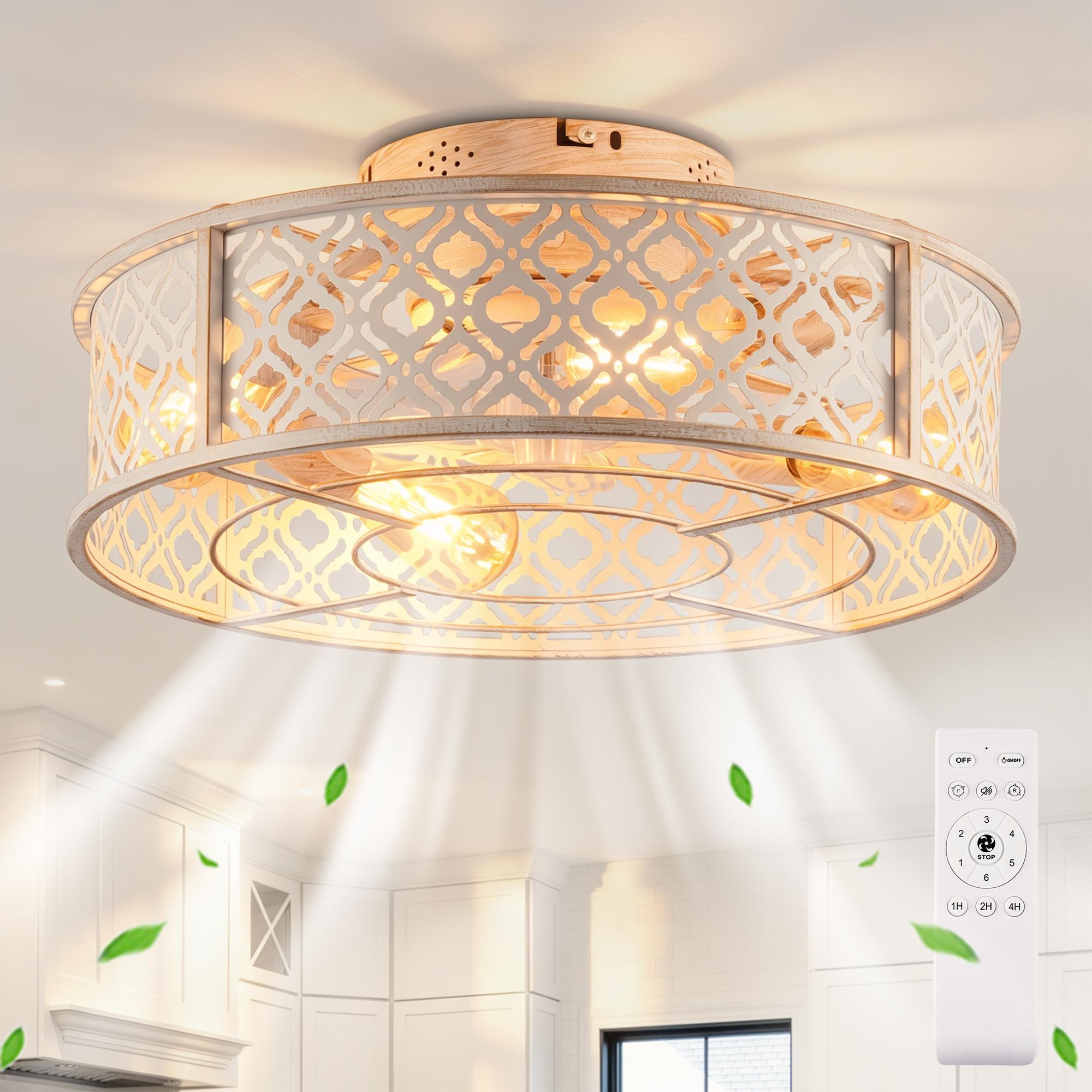 20  Flower Style Iron  Ceiling Fans With Remote Control,Flush Mount Caged Ceiling Fan  For Bedroom, Living Room--NOT Included Bulbs-Retro White — foto 2