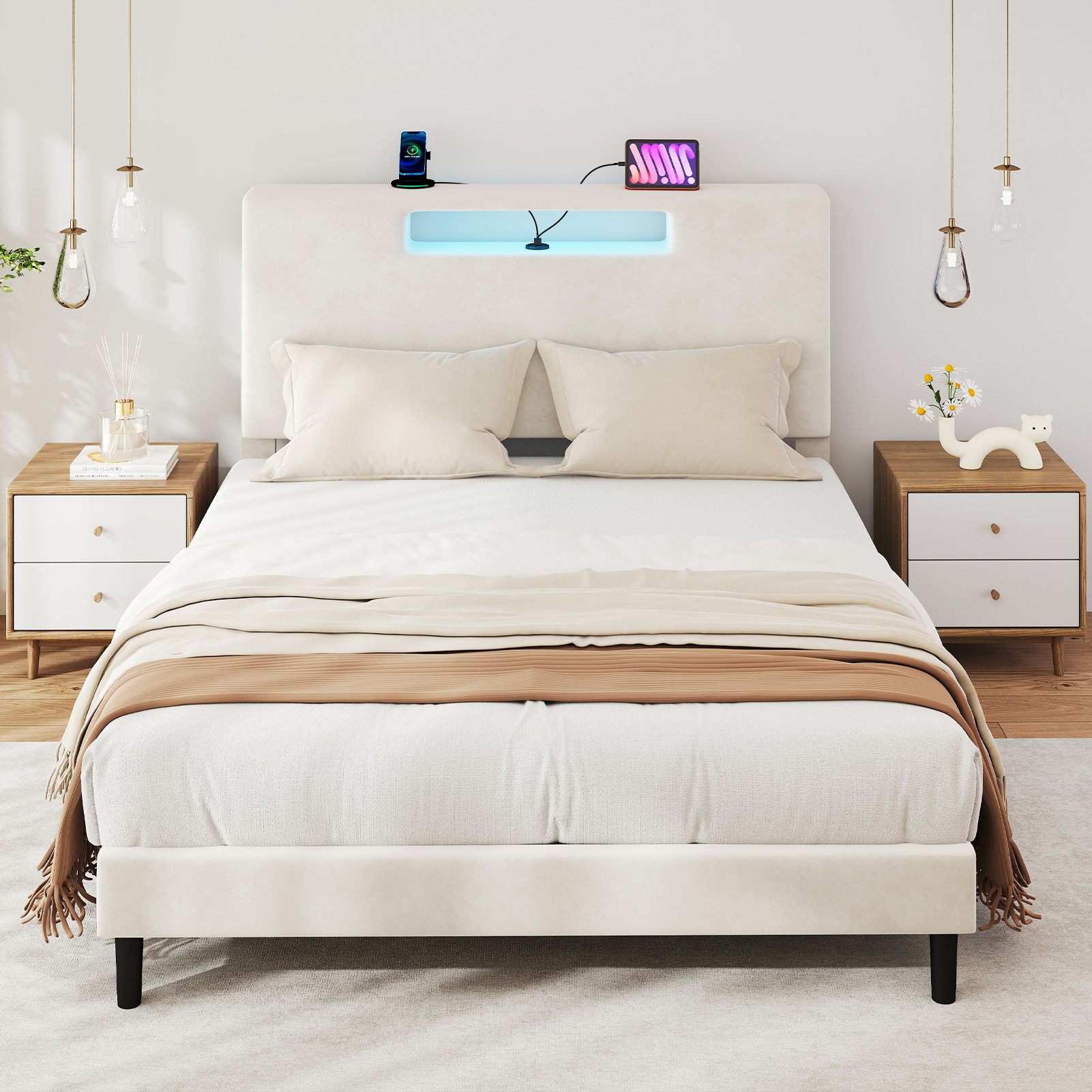 Cama tapizada con luces LED y cargador