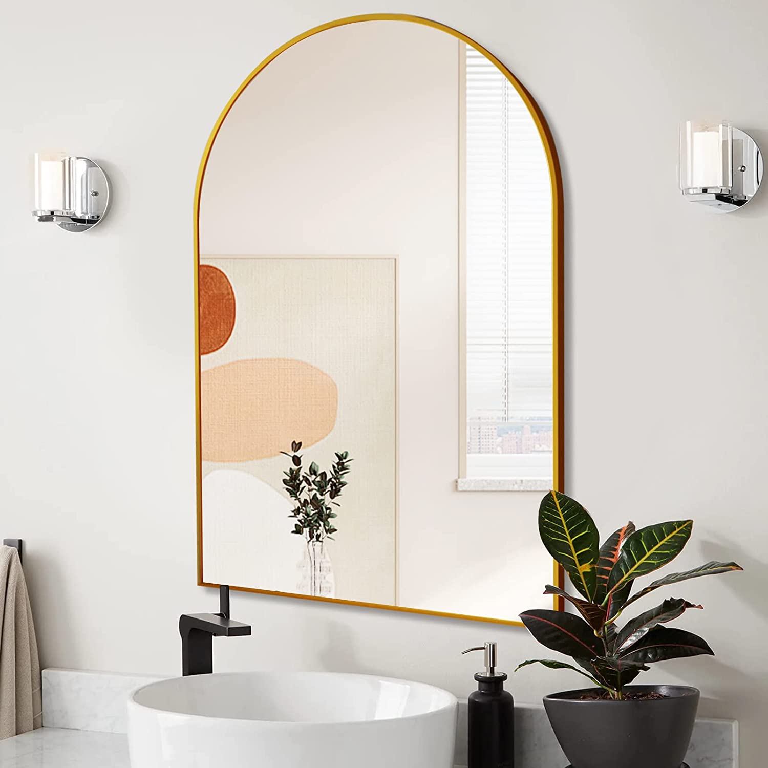 24x36 Inch Gold Metal Framed Arched Bathrrom Mirror For Wall. W2203134100