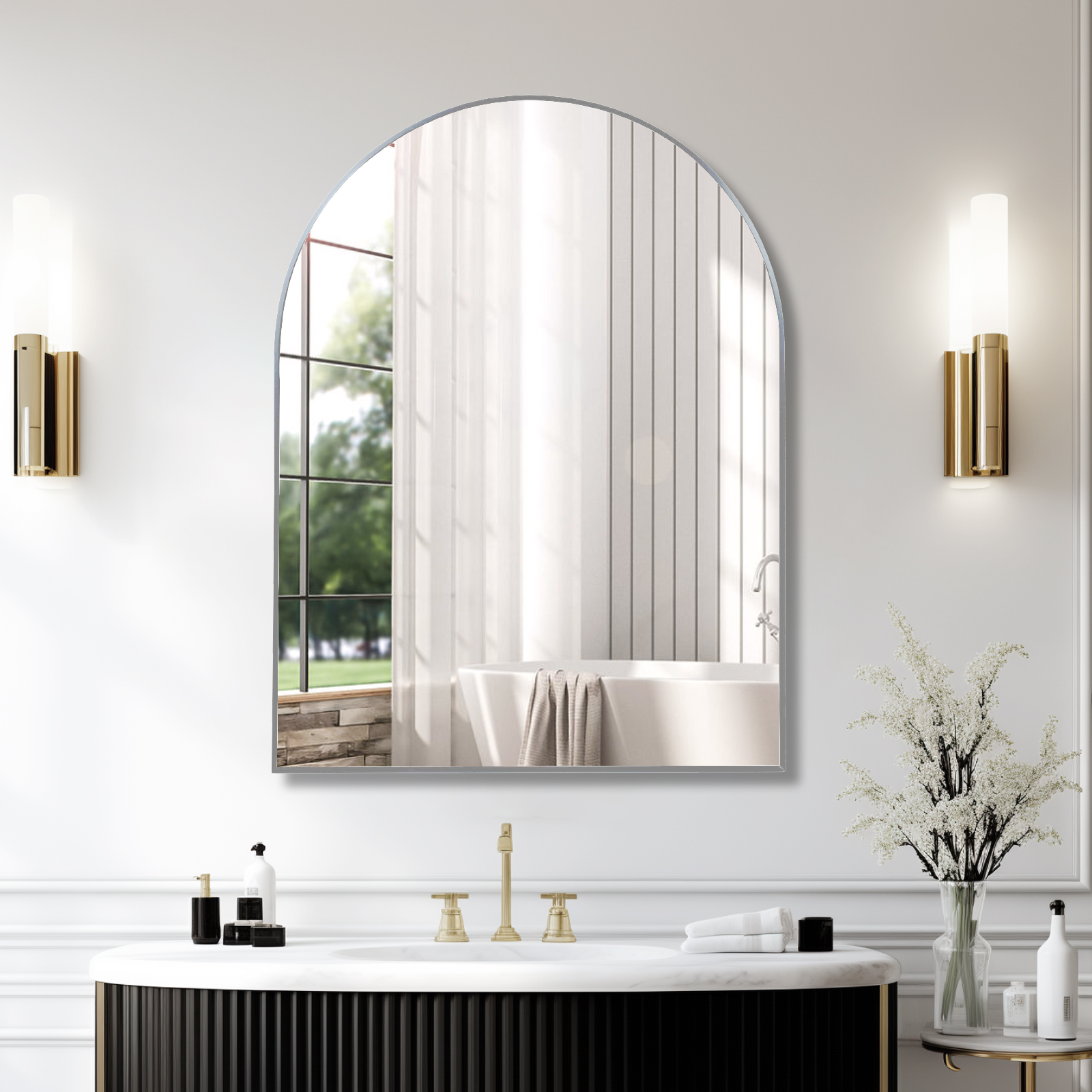 Miroir de salle de bain arqué avec cadre en métal argenté de 30 x 40 pouces pour mur