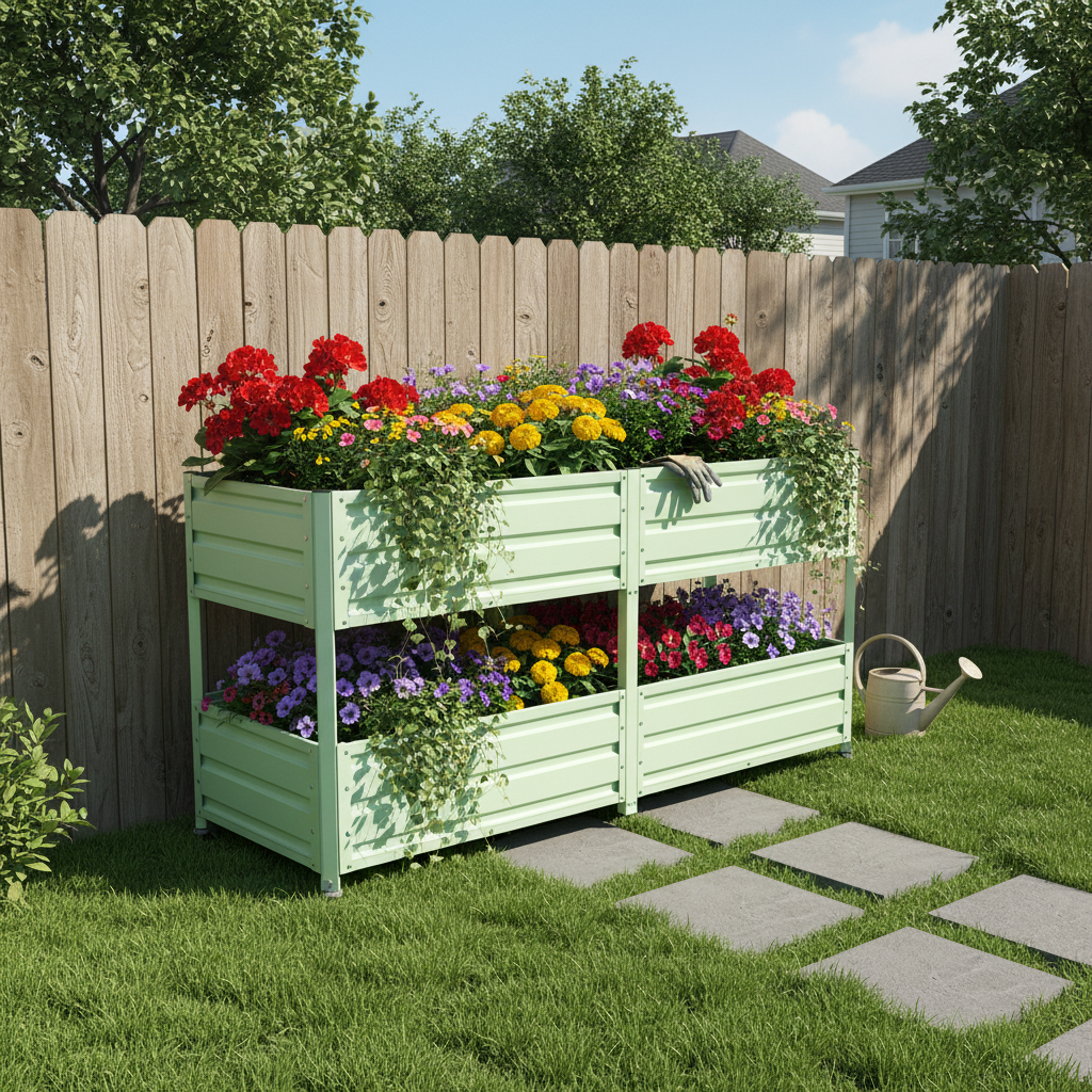 Dual Tier Elevated Metal Raised Garden Bed With Lockable Wheels, Staggered 2-Layer Raised Planter Box For Vegetables Herbs Flowers, Outdoor Patio  Green Planting Bed,Green