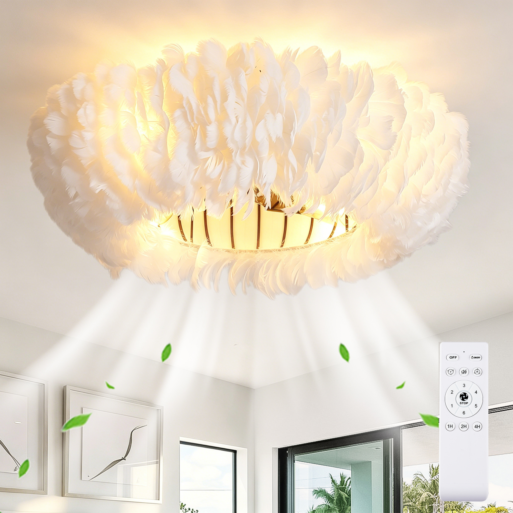 20   Feather-Dressed Caged Ceiling Fans With  Remote,  Flush Mount Ceiling Fan With Light,  Chandelier Fan 6 Speed DC Motor Reversible Ceiling Fan For  Living Room Bedroom.--NOT INCLUDED BULBS — foto 2