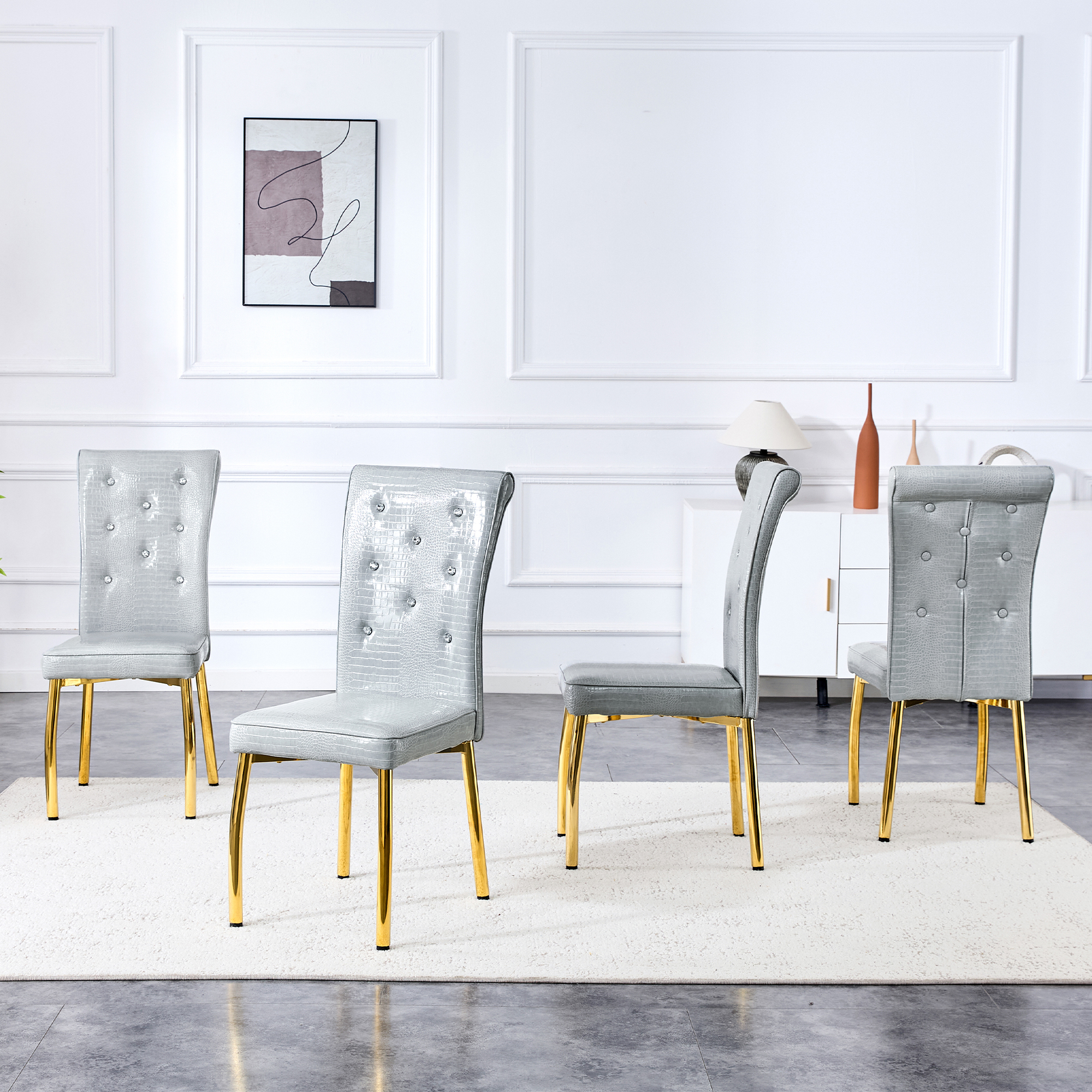 A Set Of 2 Gray And Gold Vintage Crocodile Leather Cushioned Dining Chairs, Featuring Crystal Clasp Design And Artificial Leather Design, Adding A Touch Of Elegance And Mystery To The Dining Area — foto 5