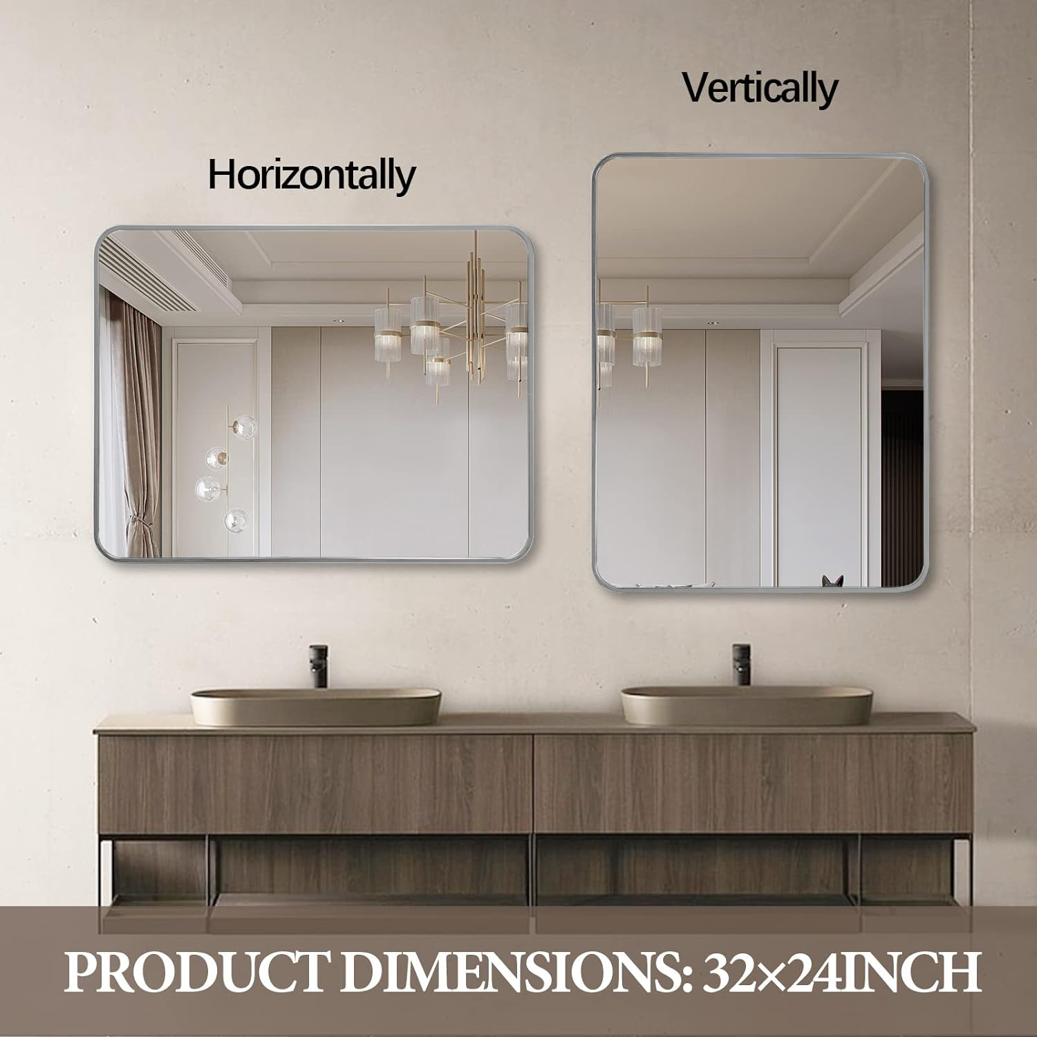 Miroir de salle de bain rectangulaire avec cadre en métal argenté de 24 x 32 pouces – Image 2