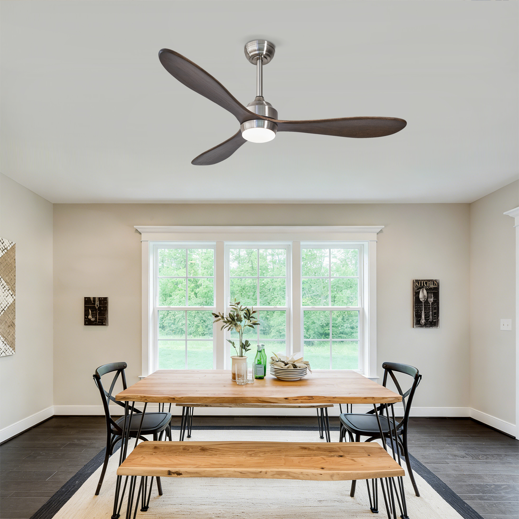 52in Ceiling Fan With Lights ,Remote Control, 3 PCS Solid Wood Quiet DC Motor Ceiling Fans 6 Speed Levels,Reversible Ceiling Fan, For Patio Living Room, Bedroom-- Stain Nickel — foto 3