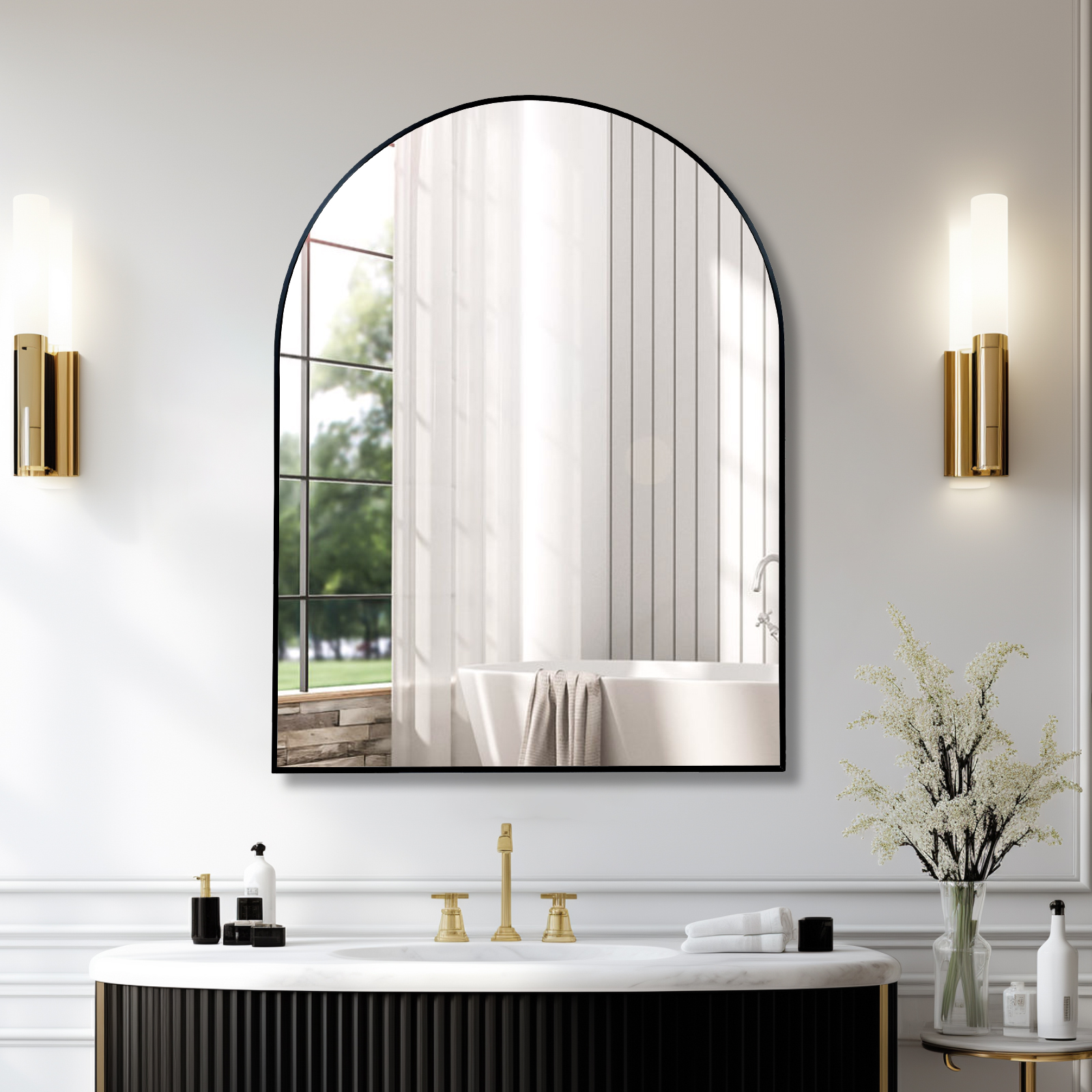 Miroir de salle de bain arqué avec cadre en métal noir de 30 x 40 pouces pour mur