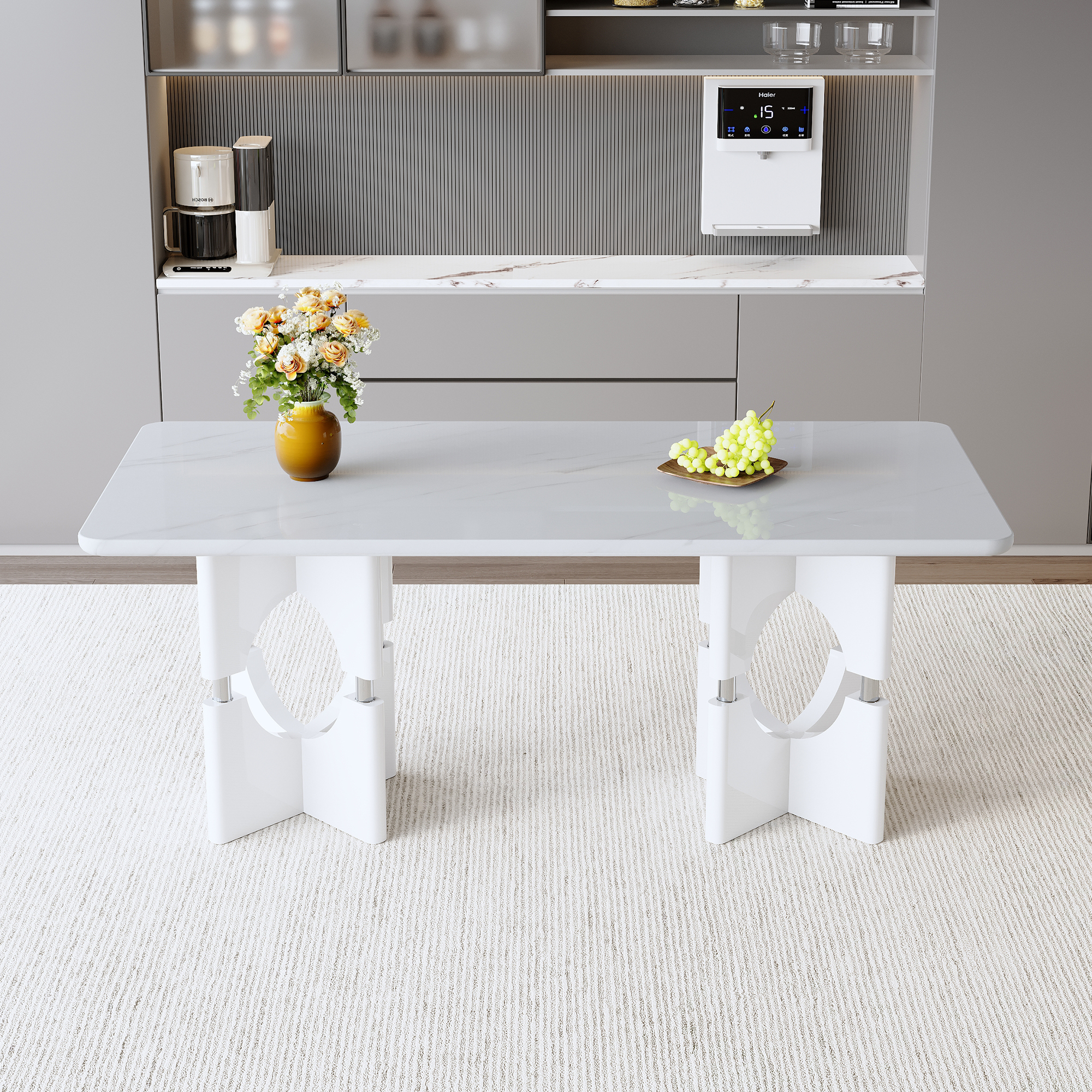 Modern MDF Dining Table With White Marble Pattern, Stylish Metal Hollow Frame, Suitable For Compact Dining Tables In Small Space Homes Apartments — foto 4