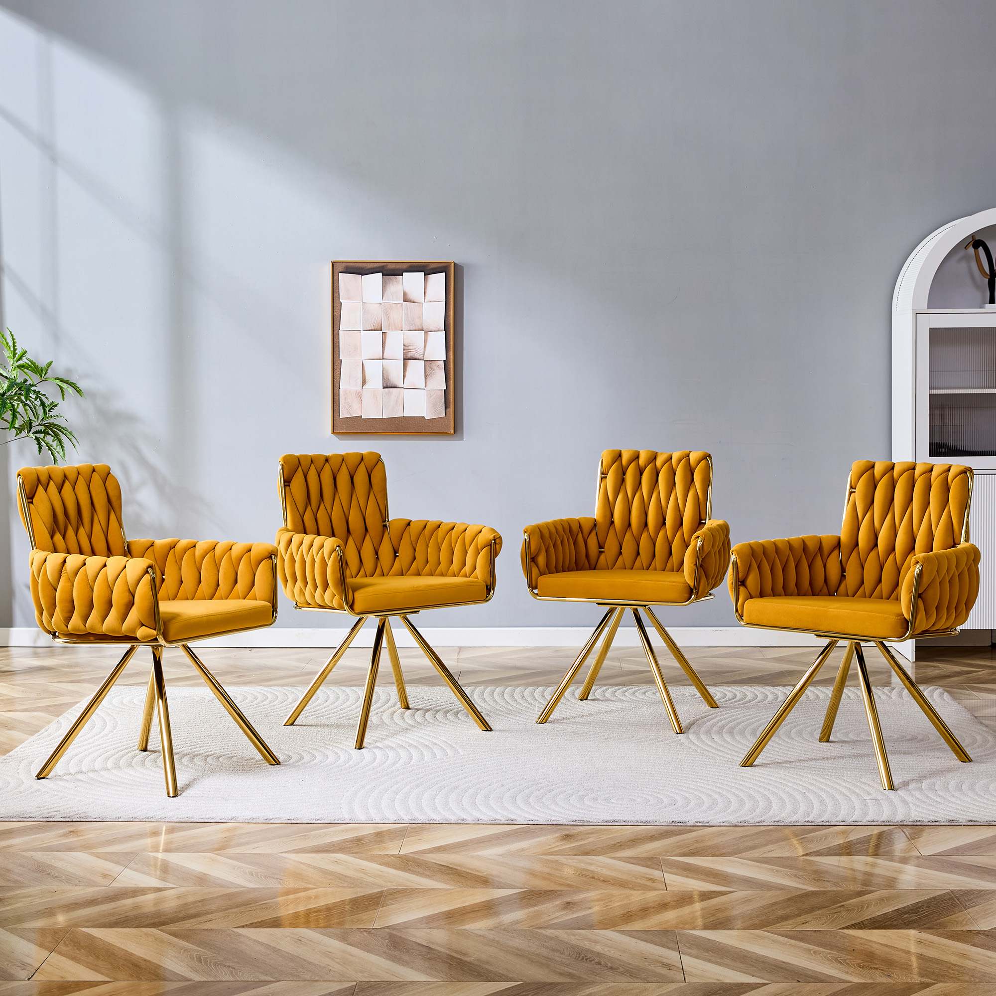Set Of 2 Modern Luxury Velvet Braided Accent Dining Chair With Gold Metal Legs, Upholstered Armchair With Woven Rope Backrest For Dining Room, Living Room Or Bedroom-Yellow — foto 3