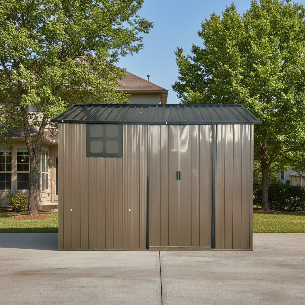 8x6 FT Galvanized Steel Outdoor Storage Shed With Sliding Door, Heavy Duty Metal Tool Shed With Window & Vents, Weatherproof Utility Shed For  Patio Lawn,Brown Black — foto 5