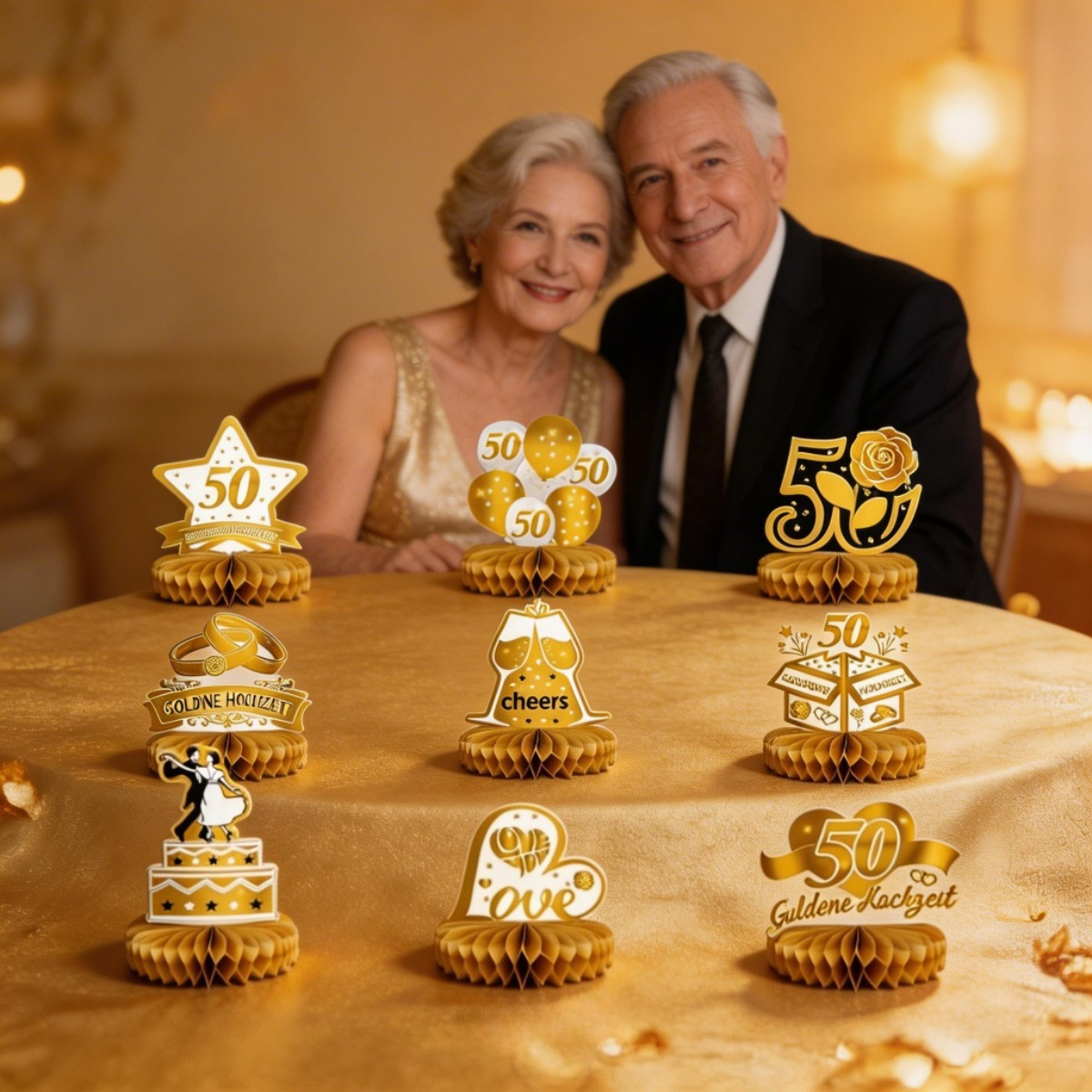 50th Golden Wedding Anniversary Decorations - Gold-Colored Honeycomb Decoration Set For Festive Anniversary Celebrations, 9-Piece Party Decoration Set