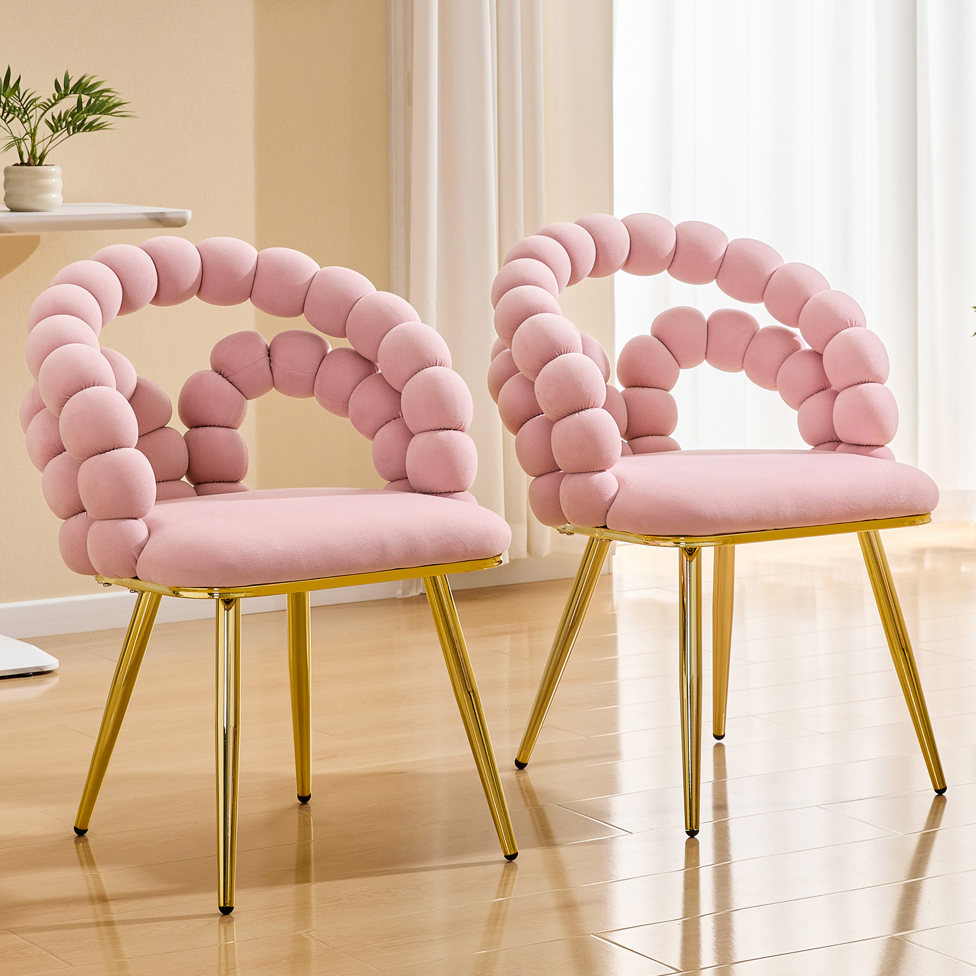 Set Of 2 Modern Velvet Dining Chair With Bubble Back, Accent Chair With Gold Metal Legs, Upholstered Vanity Chair For Dining Room, Living Room, Bedroom.