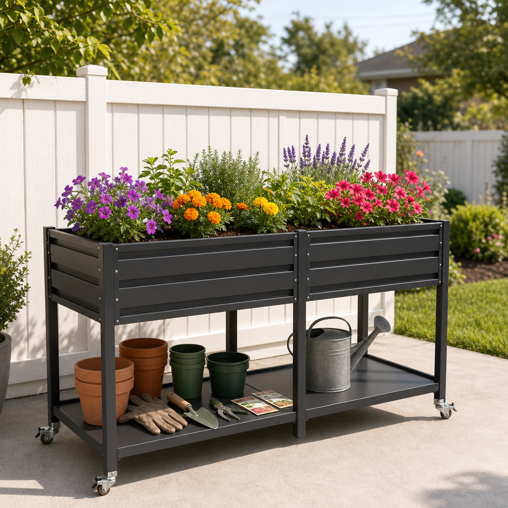 Dual Tier Elevated Metal Raised Garden Bed With Lockable Wheels & Lower Storage Shelf, Dark Gray Staggered Raised Planter Box For Vegetables Herbs Flowers, Outdoor Patio Raised Planting Bed