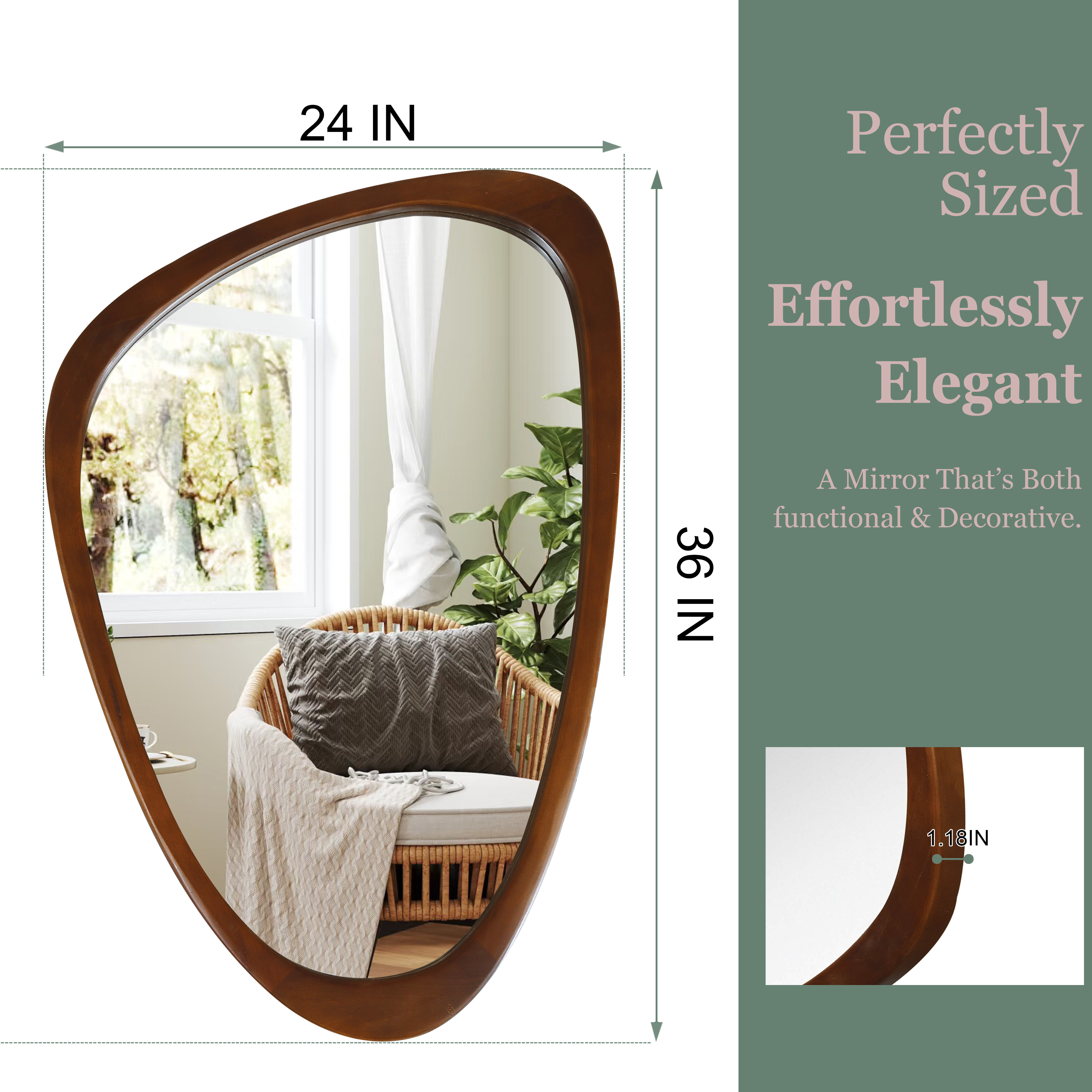 Miroir décoratif à cadre irrégulier en bois massif, couleur bois de noyer noir 24x36 – Image 3