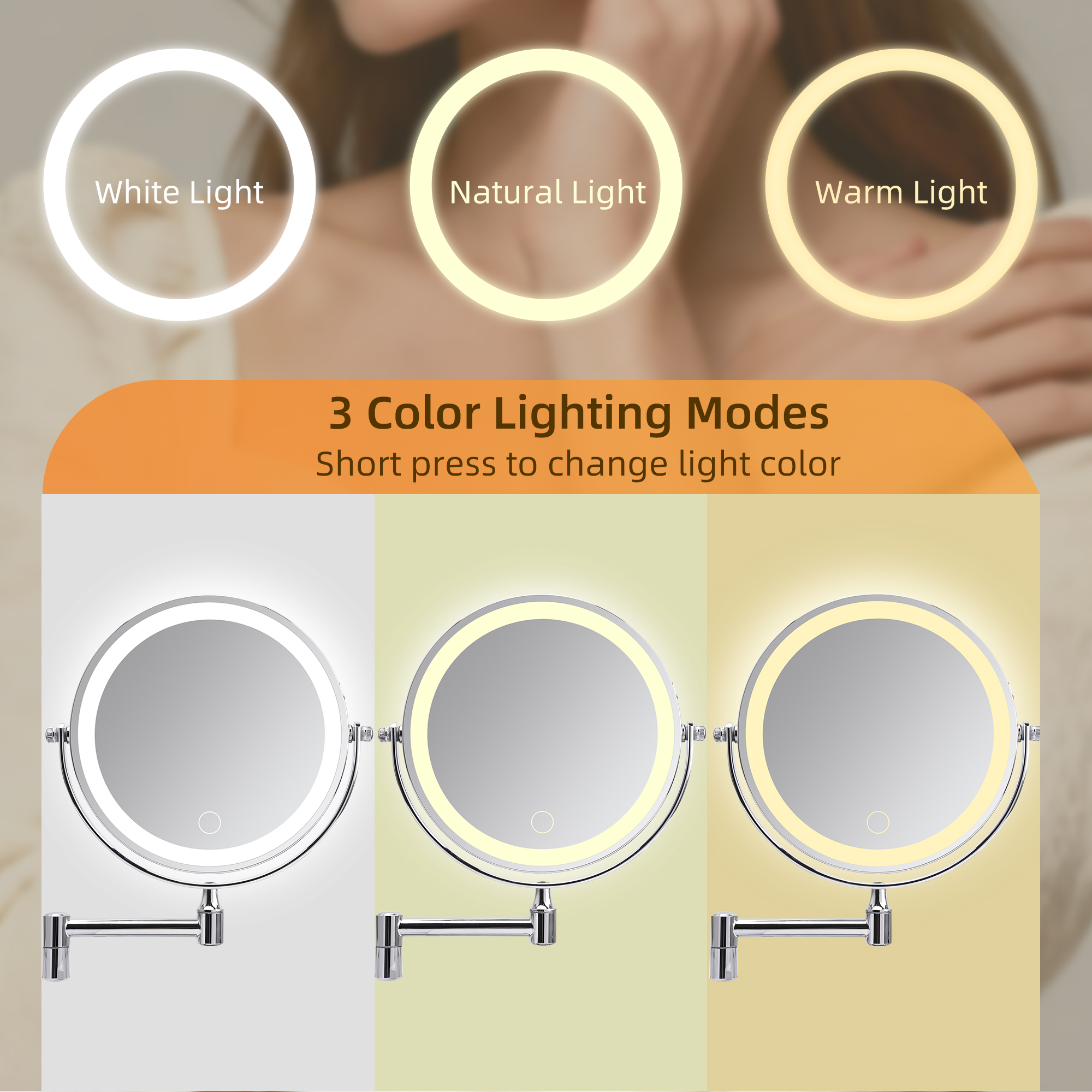 Miroir de maquillage mural rechargeable 8 miroir grossissant avec lumières double – Image 2
