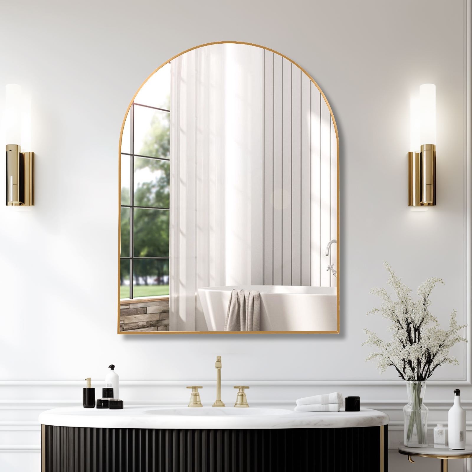 Miroir de salle de bain arqué avec cadre en métal doré de 30 x 40 pouces pour mur