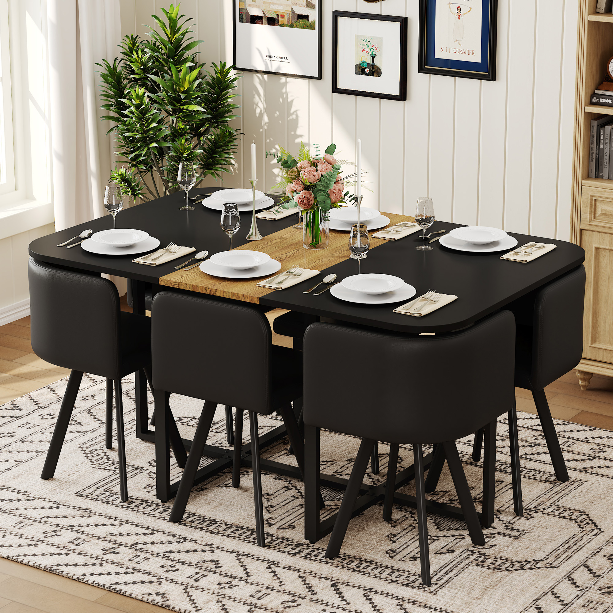 7 Piece Dining Table Set With 6 Black PU Chairs, Two-Tone Black & Wood Grain Rectangular Kitchen Table  Triamine Board , Modern Dining Room Furniture Set For Small Space, Apartment, Restaurant — foto 4