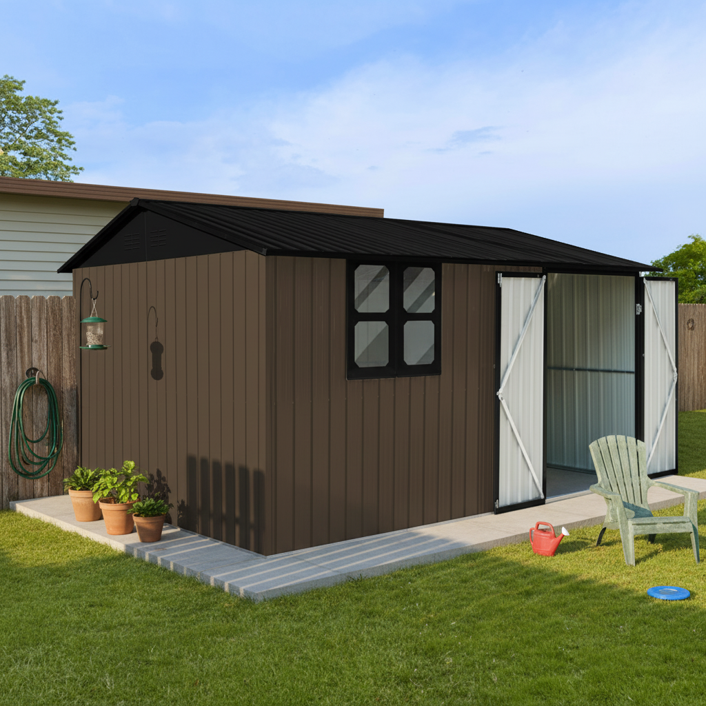 12x10 Ft Metal Garden Sheds Outdoor Storage Sheds Brown With Window With Goods Shelves product image