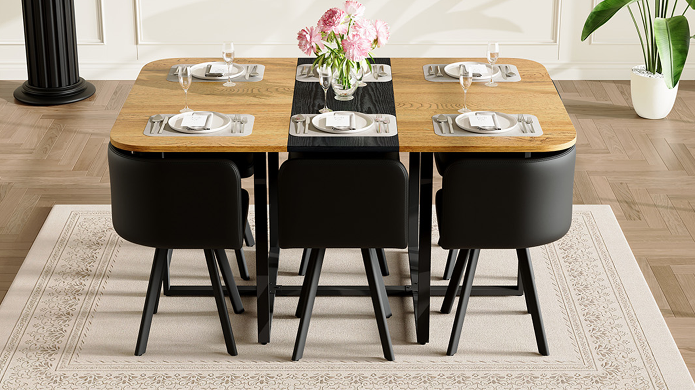 7-Piece Rectangular Dining Table Set, Fixed Two-Tone Wood Grain & Black Triamine Tabletop With 6 Black PU Leather Chairs, Modern Kitchen Table Set For 6 People, Ideal For Small Spaces, Apartment — foto 3