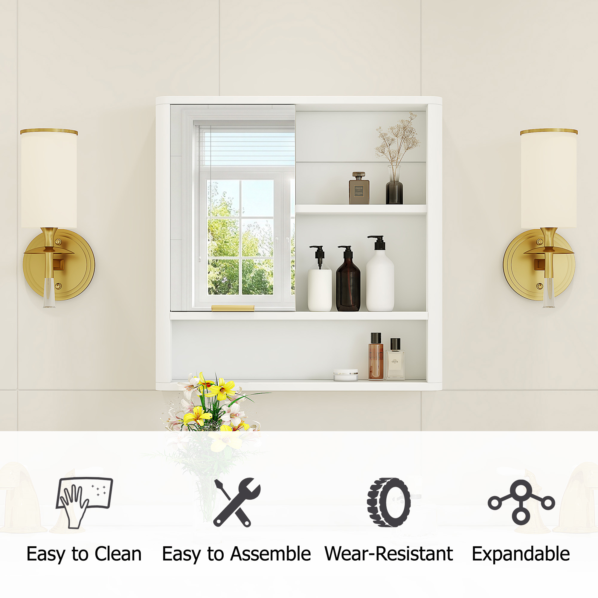 Modern Bathroom Mirror Cabinet, Wall Mounted Storage Cabinet With Open Shelves, Waterproof Medicine Cabinet With Gold Accent, Space Saving Vanity Organizer For Bathroom, White thumbnail 2