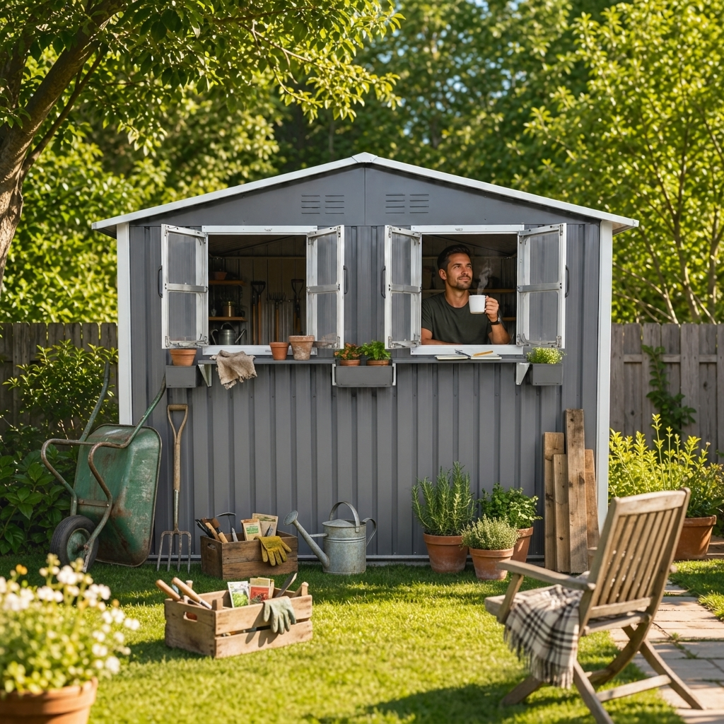 9x6 FT Outdoor Metal Storage Shed With Window & Flower Rack, Lockable Double Doors Tool Shed, Waterproof Weatherproof Garden Shed For Patio, Gray product image