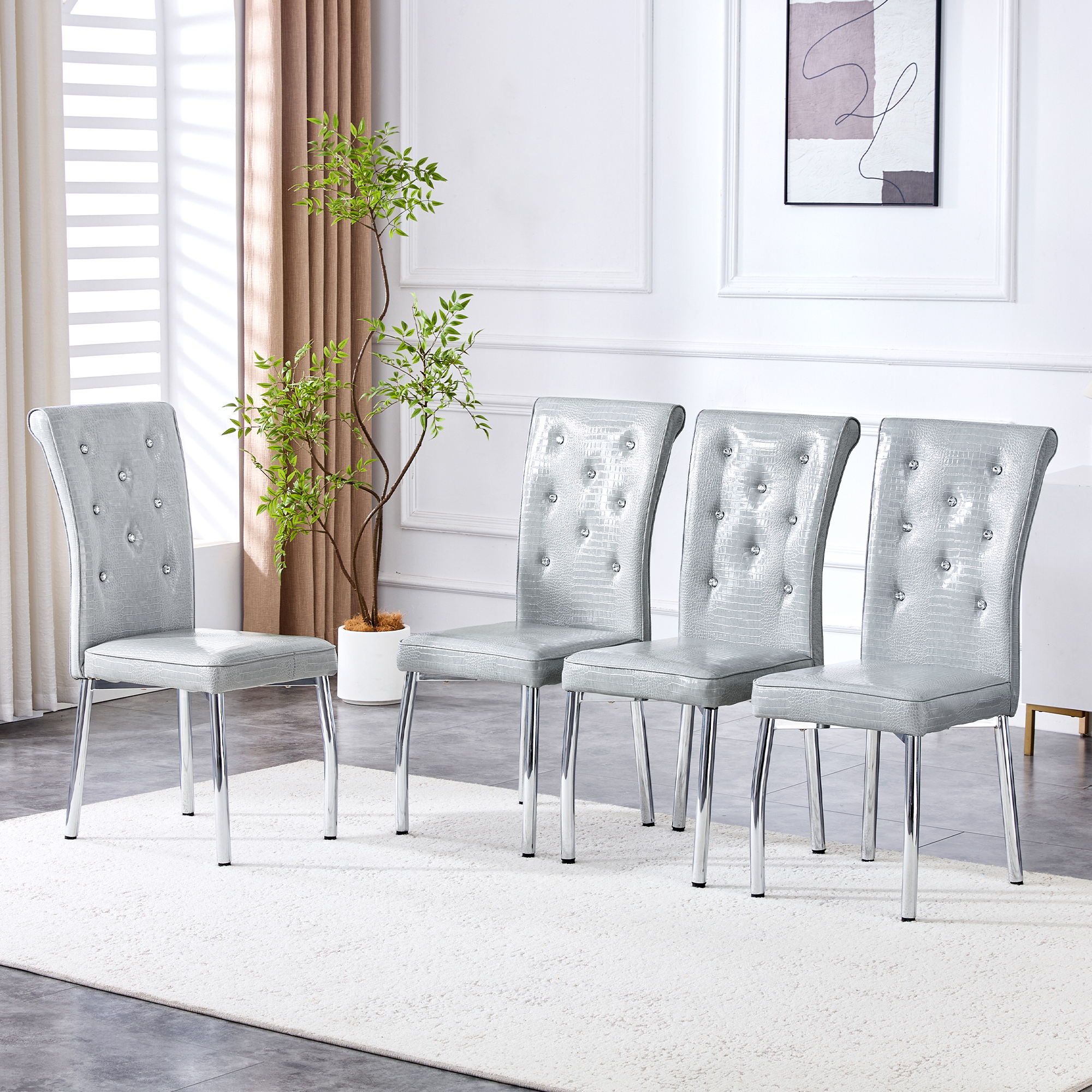 A Set Of 4 Gray And Silvery Vintage Crocodile Leather Cushioned Dining Chairs, Featuring Crystal Clasp Design And Artificial Leather Design, Adding A Touch Of Elegance And Mystery To The Dining Area product image