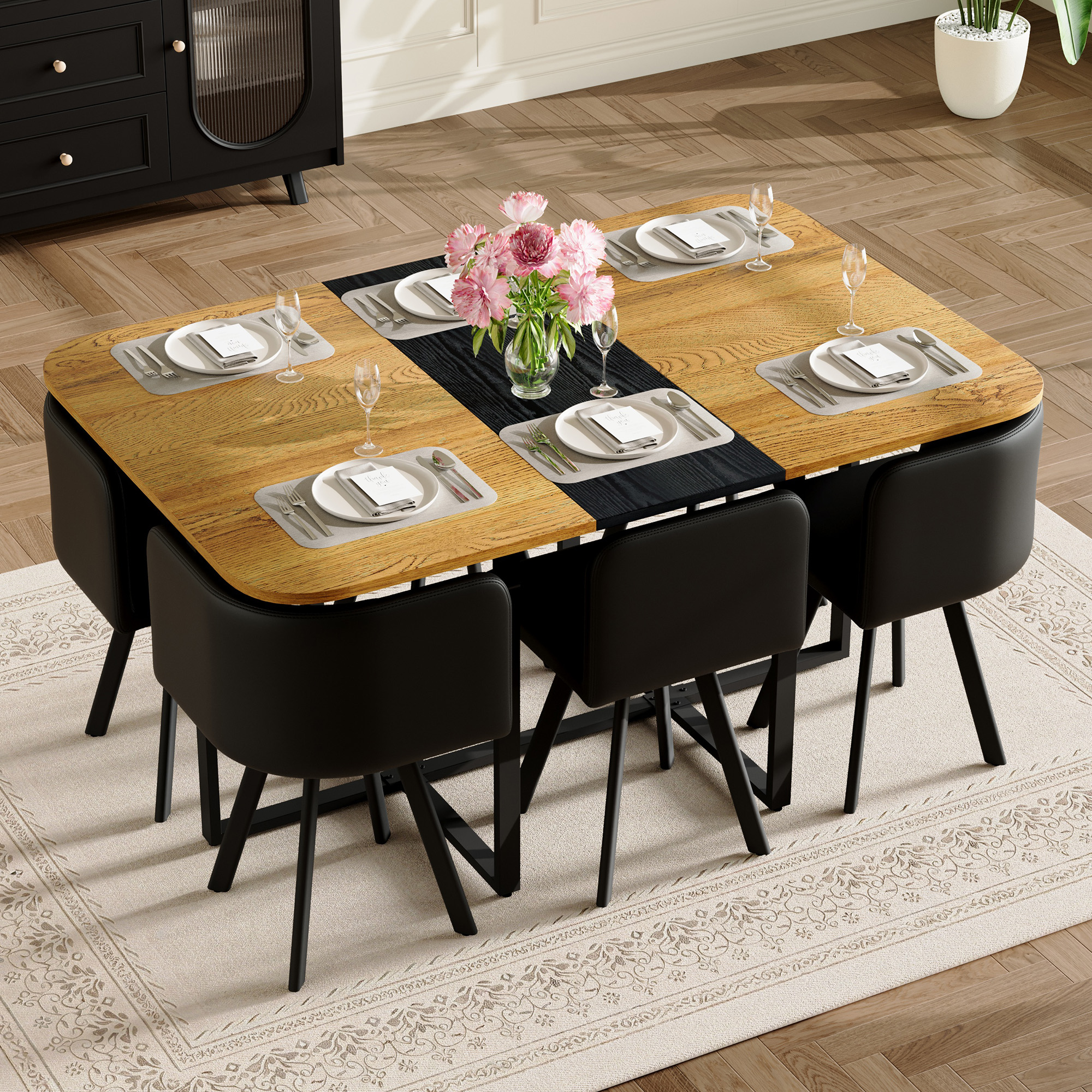 7-Piece Rectangular Dining Table Set, Fixed Two-Tone Wood Grain & Black Triamine Tabletop With 6 Black PU Leather Chairs, Modern Kitchen Table Set For 6 People, Ideal For Small Spaces, Apartment — foto 4