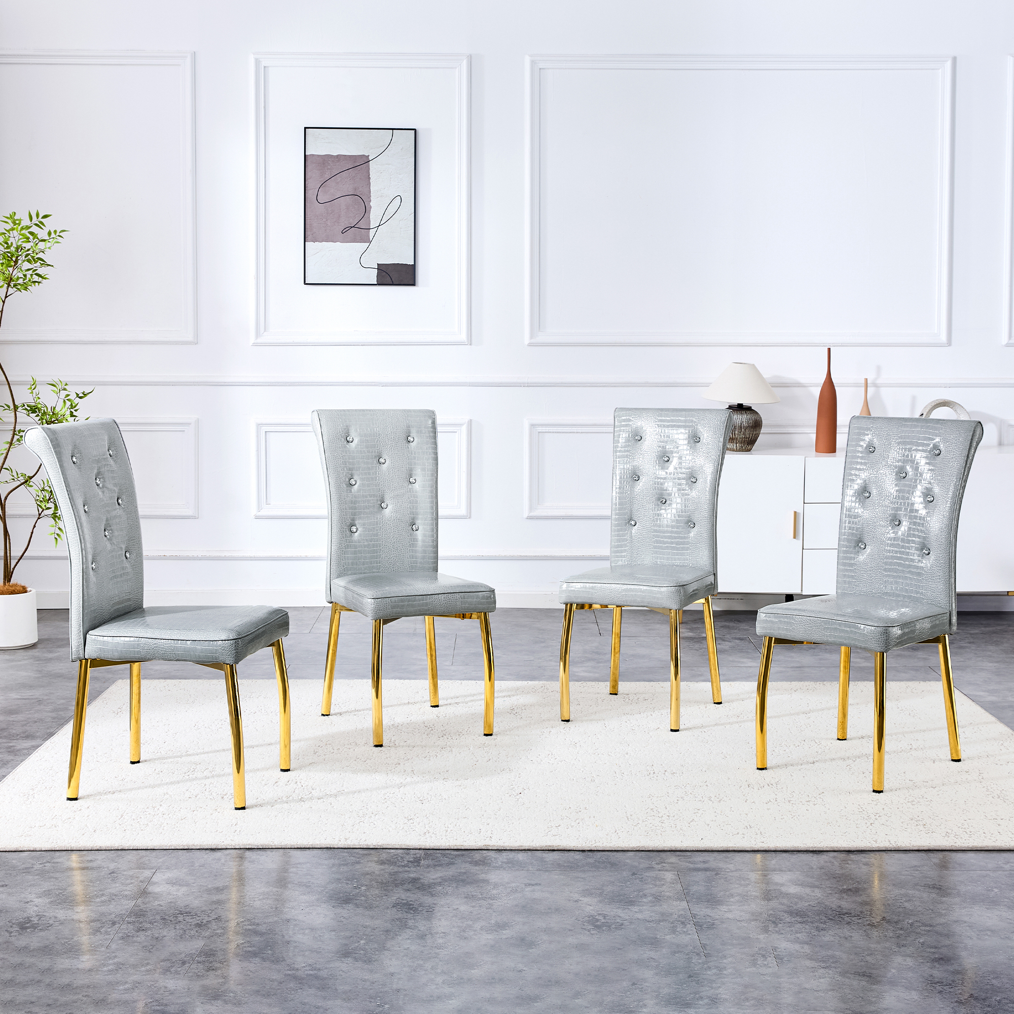 A Set Of 4 Gray And Gold Vintage Crocodile Leather Cushioned Dining Chairs, Featuring Crystal Clasp Design And Artificial Leather Design, Adding A Touch Of Elegance And Mystery To The Dining Area — foto 2