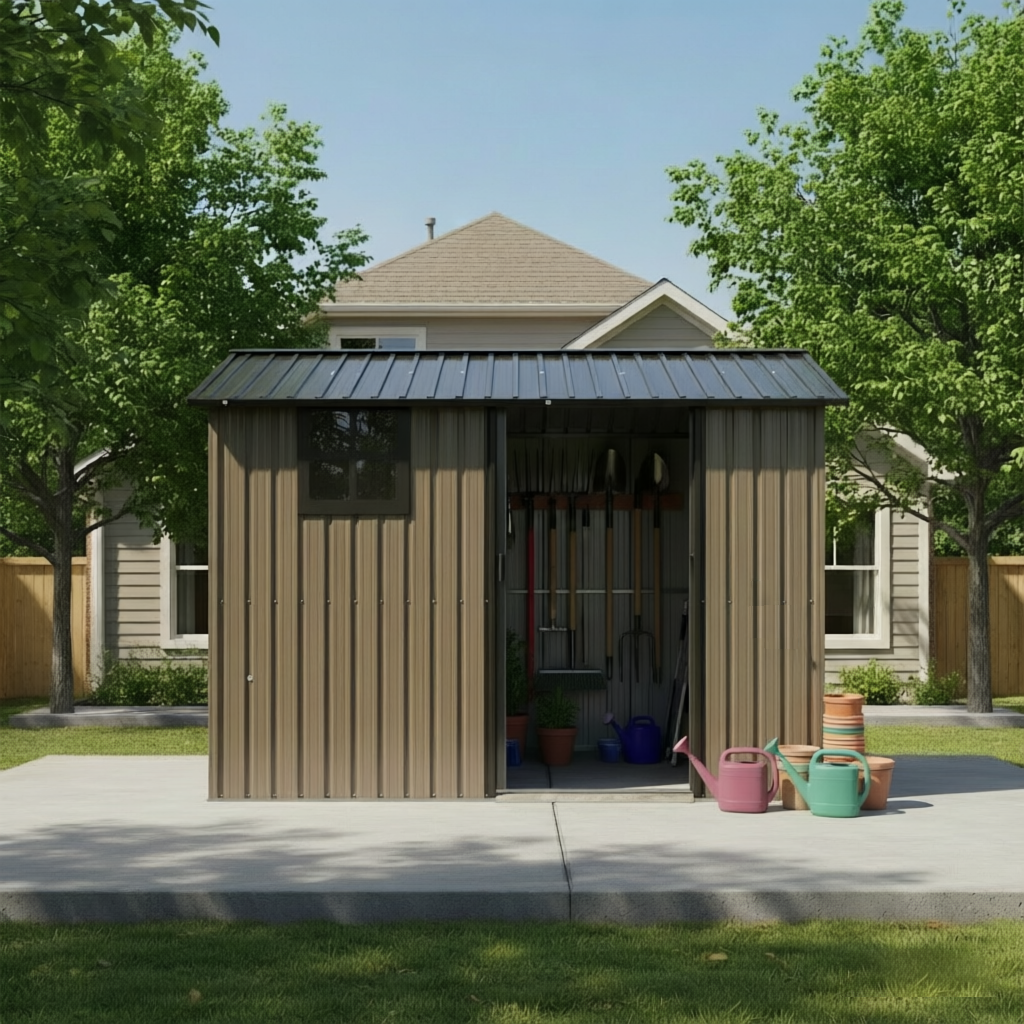 8x6 FT Galvanized Steel Outdoor Storage Shed With Sliding Door, Heavy Duty Metal Tool Shed With Window & Vents, Weatherproof Utility Shed For  Patio Lawn,Brown Black — foto 3
