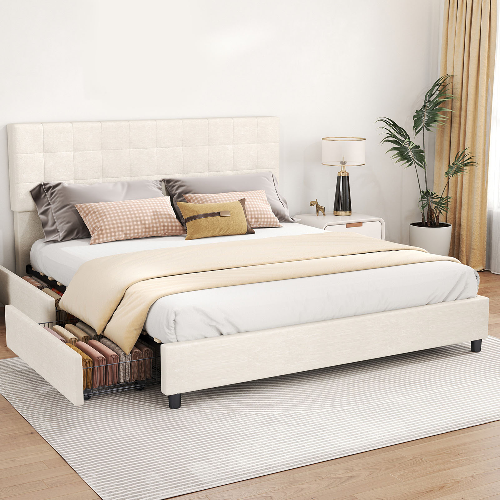 Bed Frame Upholstered Vertical Channel Headboard With 4 Storage Drawers Wood Slat Elegant Modern Bed Frame No Box Spring Needed Easy Assembly For Bedroom