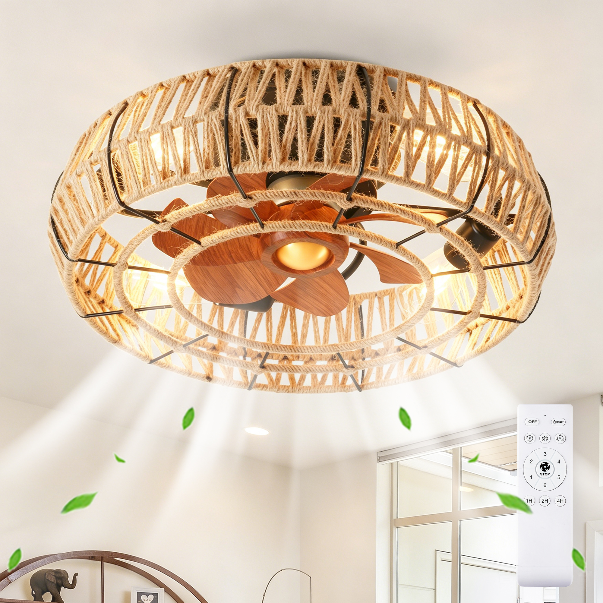 20   Rope Caged  Flush Mount Ceiling Fan With Light Kit  NOT INCLUDED BULBS  ,With Remote Control, Low Profile Chandelier 6 Speed DC Motor Reversible Ceiling Fan For  Living Room Bedroom.--Matte Black — foto 3