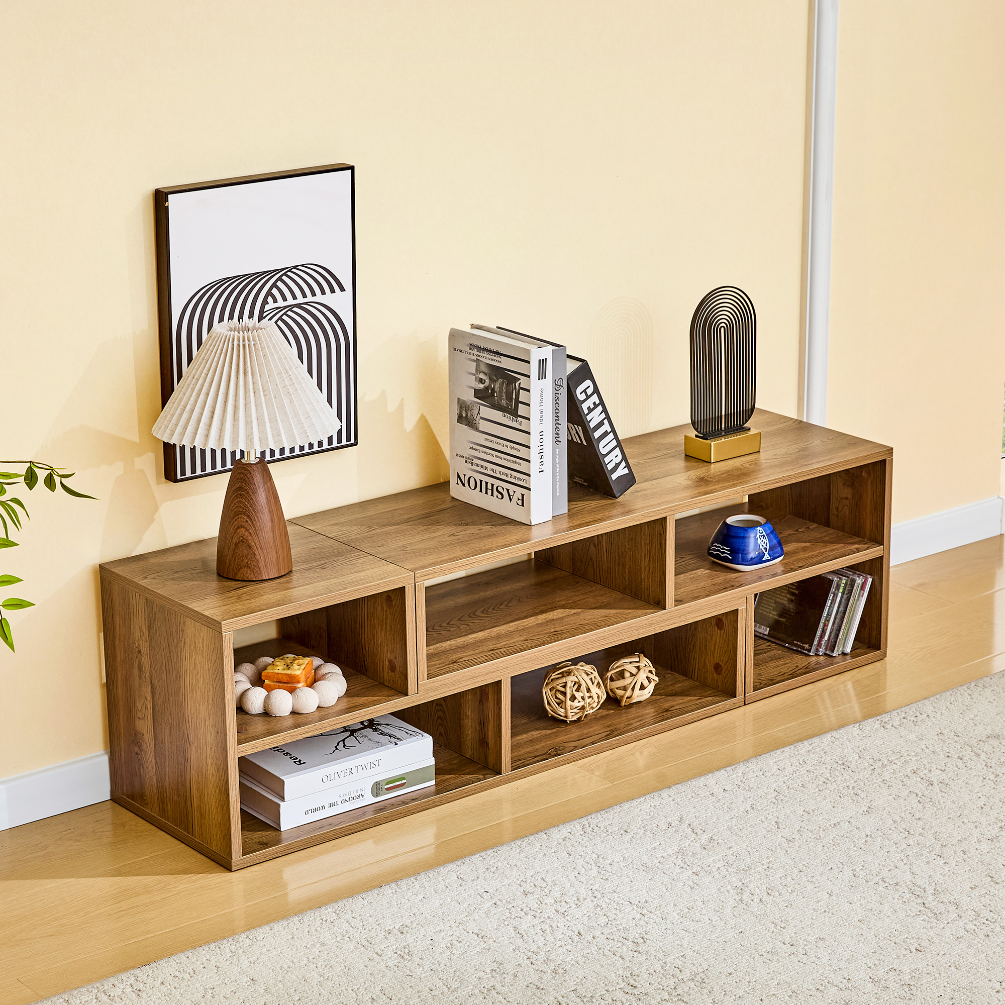 Modular Extendable TV Stand, Rustic Wood Media Console With Open Storage Cubbies, Freestyle Combination Entertainment Center, Adjustable TV Cabinet For Living Room Bedroom Apartment — foto 4