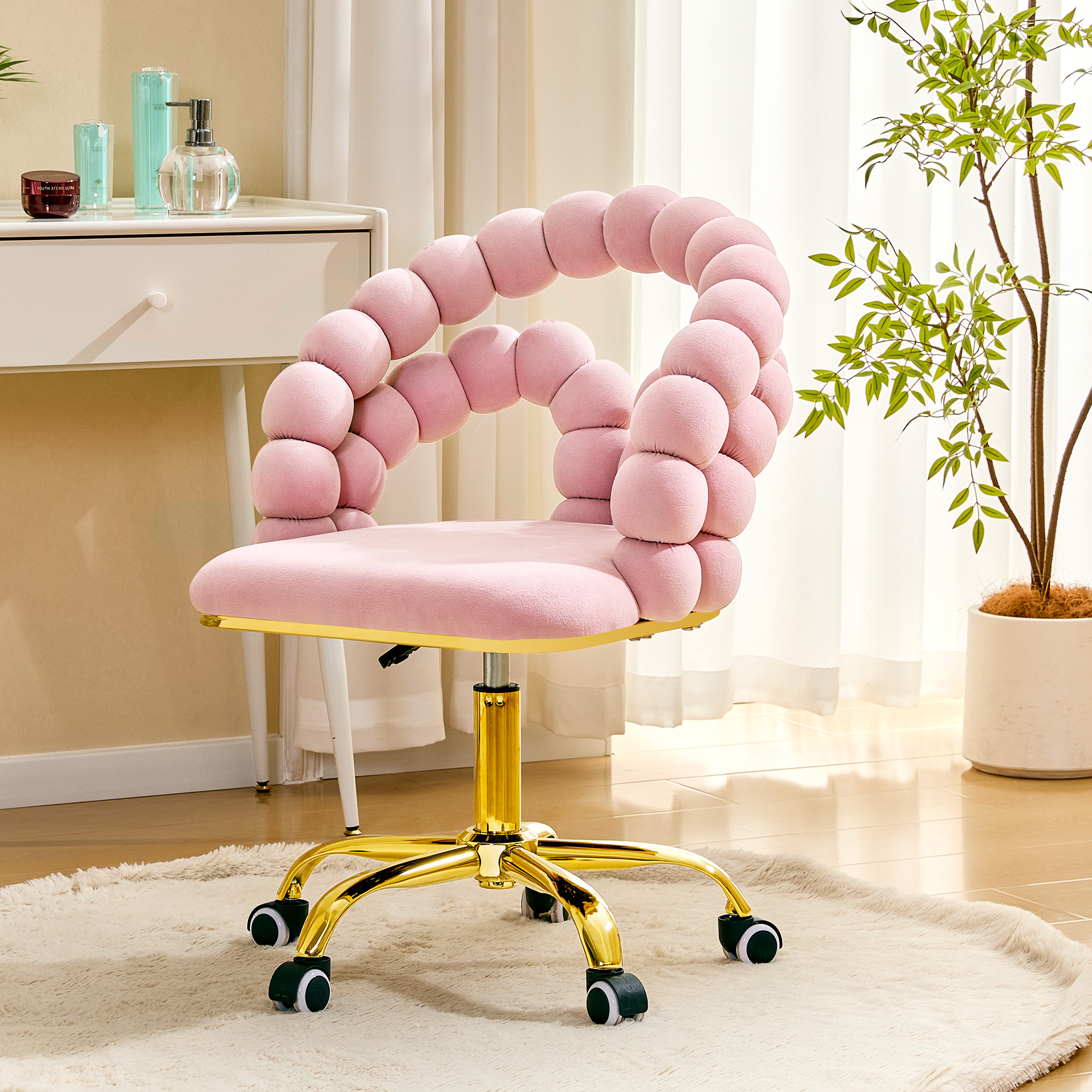 Velvet Bubble Vanity Chair With Gold Base, 360 Swivel Height Adjustable Ergonomic Accent Chair, Cute Rolling Desk Chair For Bedroom, Makeup Vanity, Ho
