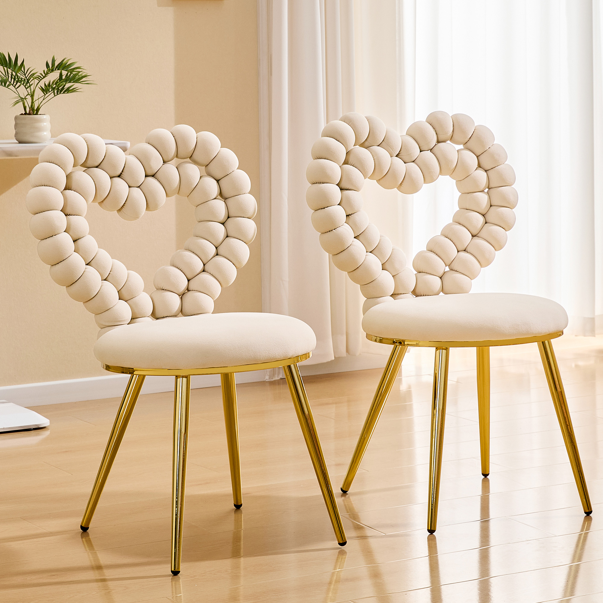 Set Of 2 Unique Heart Bubble Tufted Accent Chair, Plush Velvet Chair With Shiny Gold Metal Frame, Cute & Modern Seating For Home Decor product image