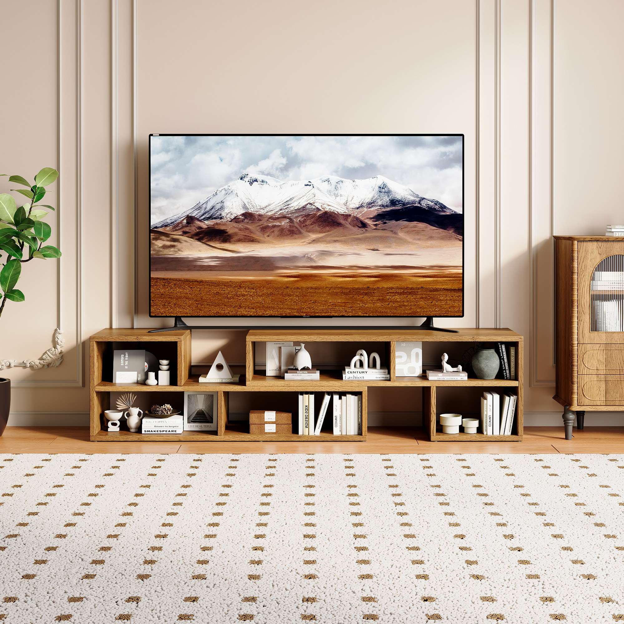 Modular Extendable TV Stand, Rustic Wood Media Console With Open Storage Cubbies, Freestyle Combination Entertainment Center, Adjustable TV Cabinet For Living Room Bedroom Apartment — foto 2