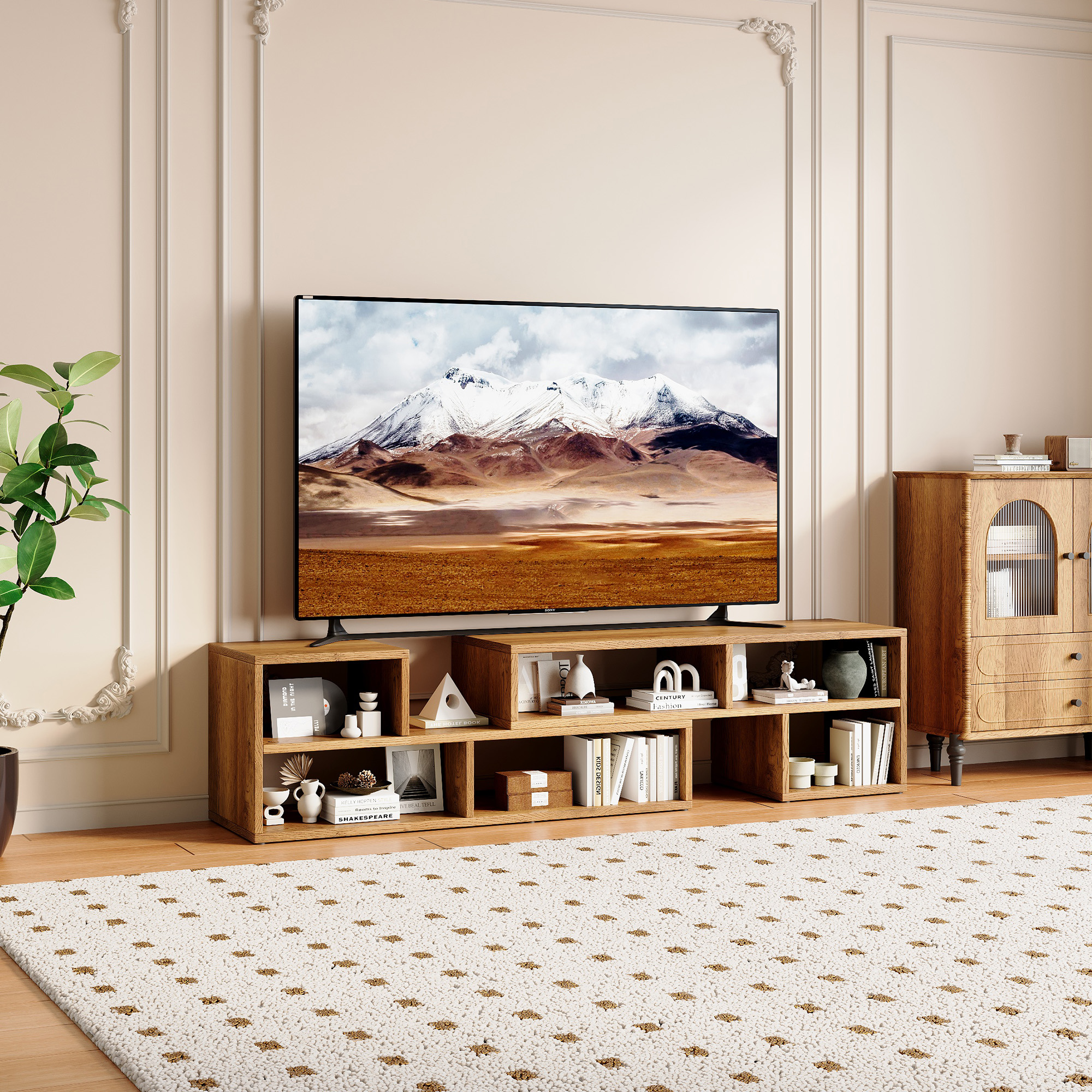 Support de télévision modulaire extensible, console multimédia en bois rustique avec ouverture