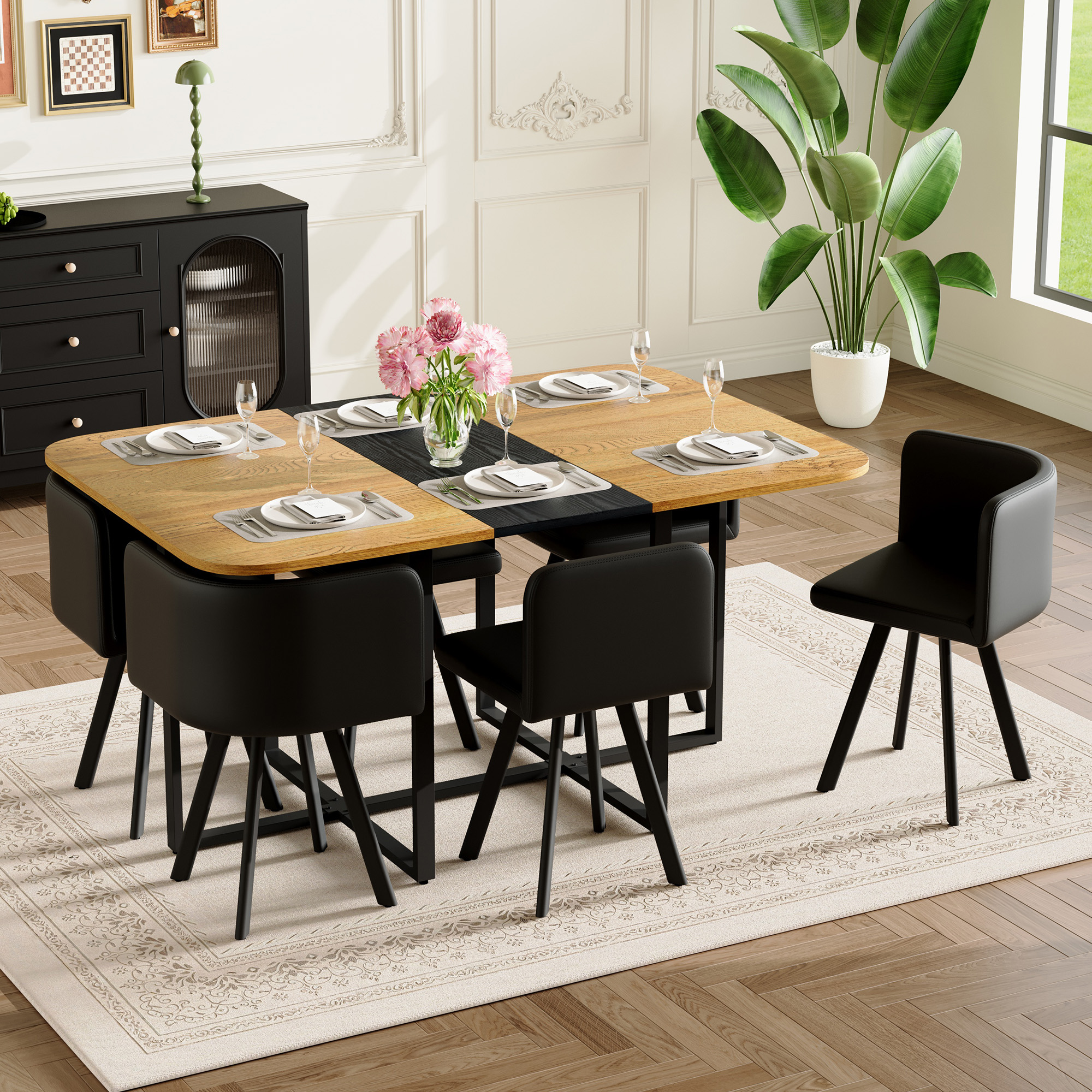 7-Piece Rectangular Dining Table Set, Fixed Two-Tone Wood Grain & Black Triamine Tabletop With 6 Black PU Leather Chairs, Modern Kitchen Table Set For 6 People, Ideal For Small Spaces, Apartment — foto 5