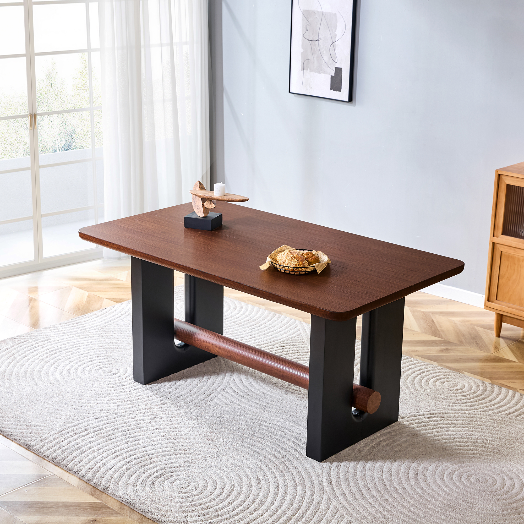 All-MDF Walnut Black Dining Table Modern Compact