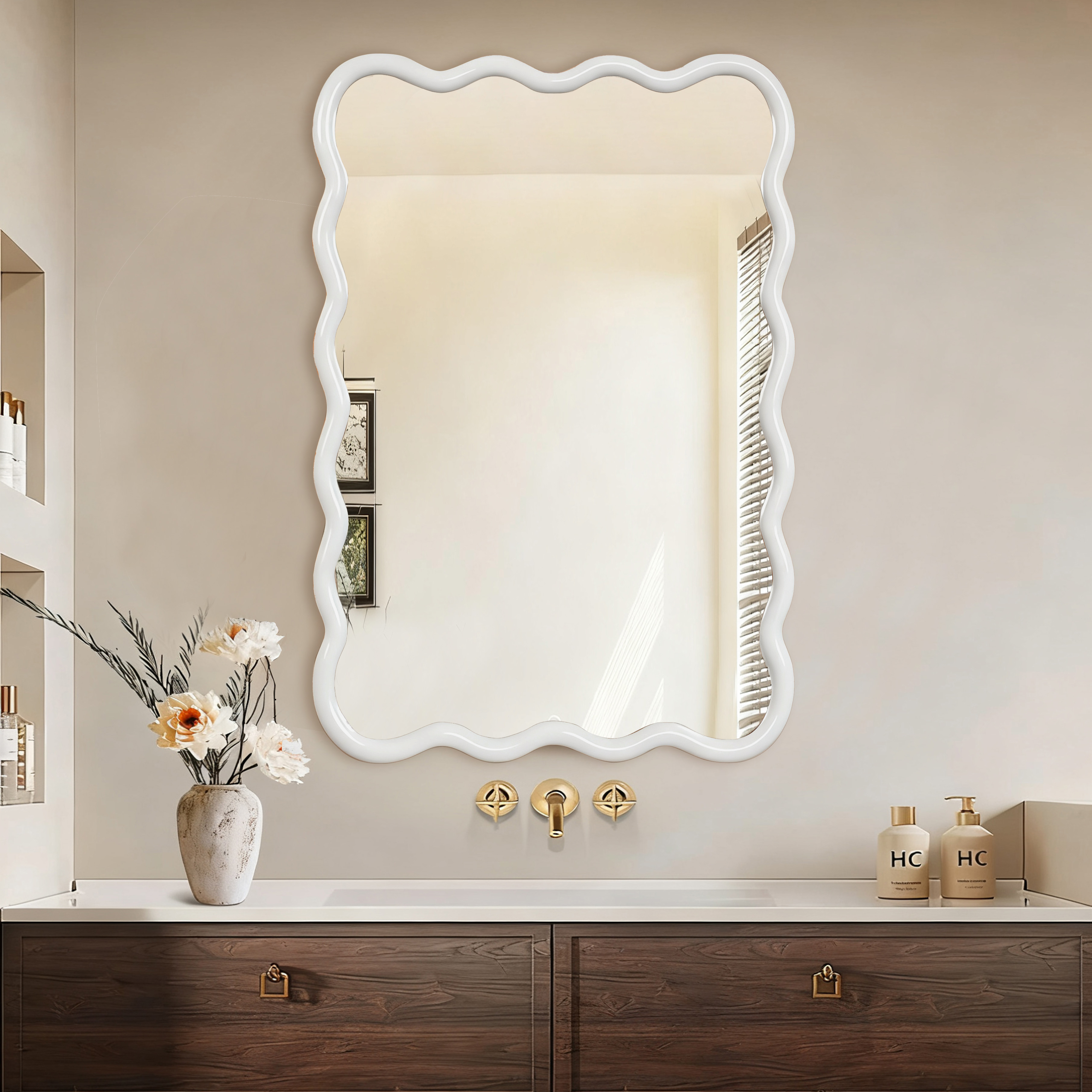 Miroir décoratif rectangulaire ondulé de couleur blanche 24x36, cadre en bois massif – Image 2