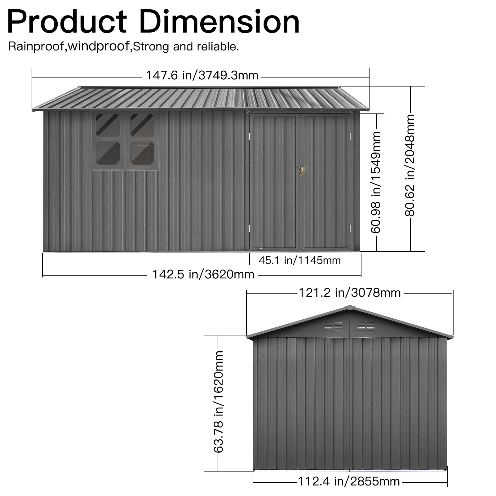 12x10 Ft Metal Garden Sheds Outdoor Storage Sheds Grey With Window With Goods Shelves