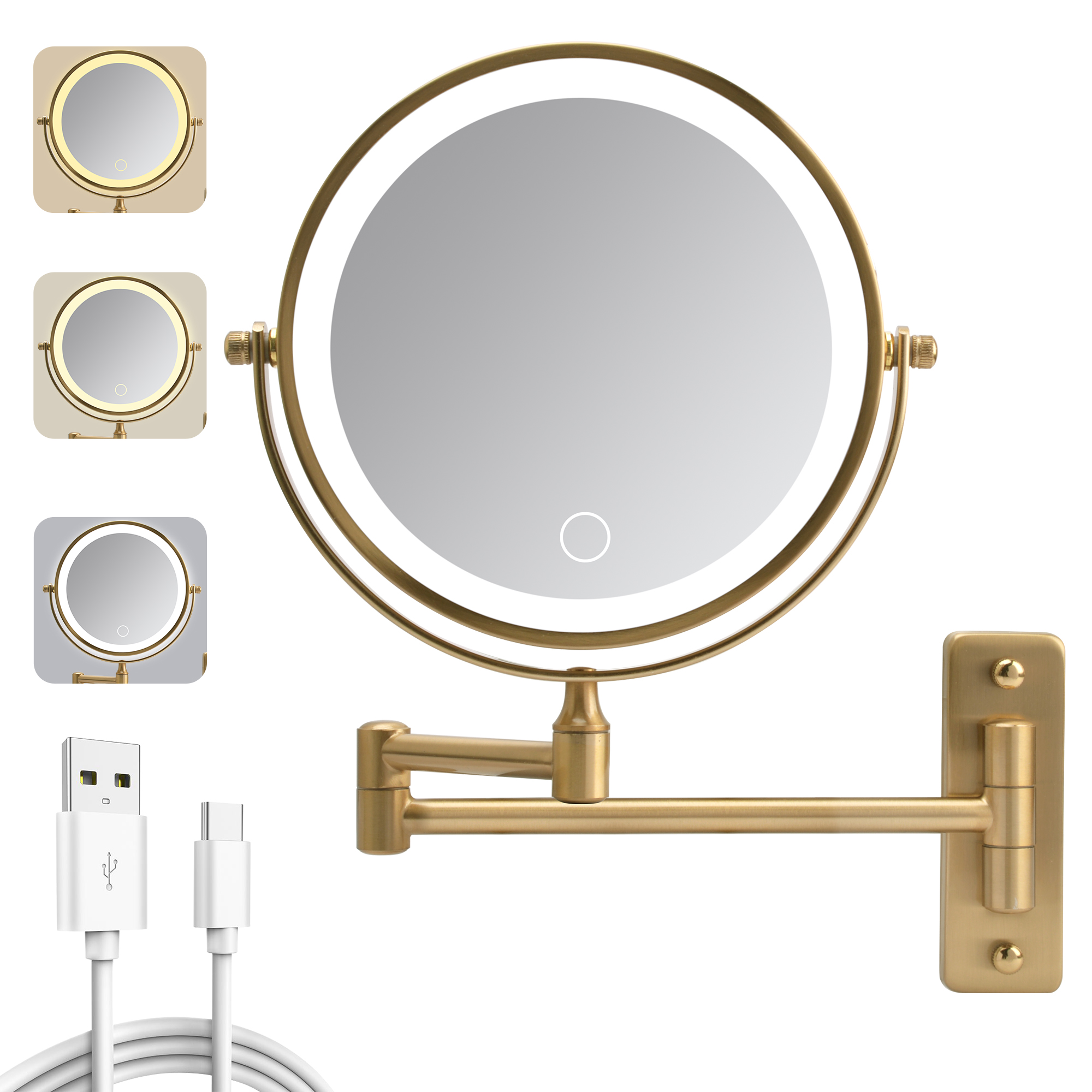 Rechargeable Wall Mounted Makeup Mirror 8   Magnifying Mirror With Lights Double-Sided 1X 10  360  Rotation Extension Bathroom Shaving Mirror With Fol