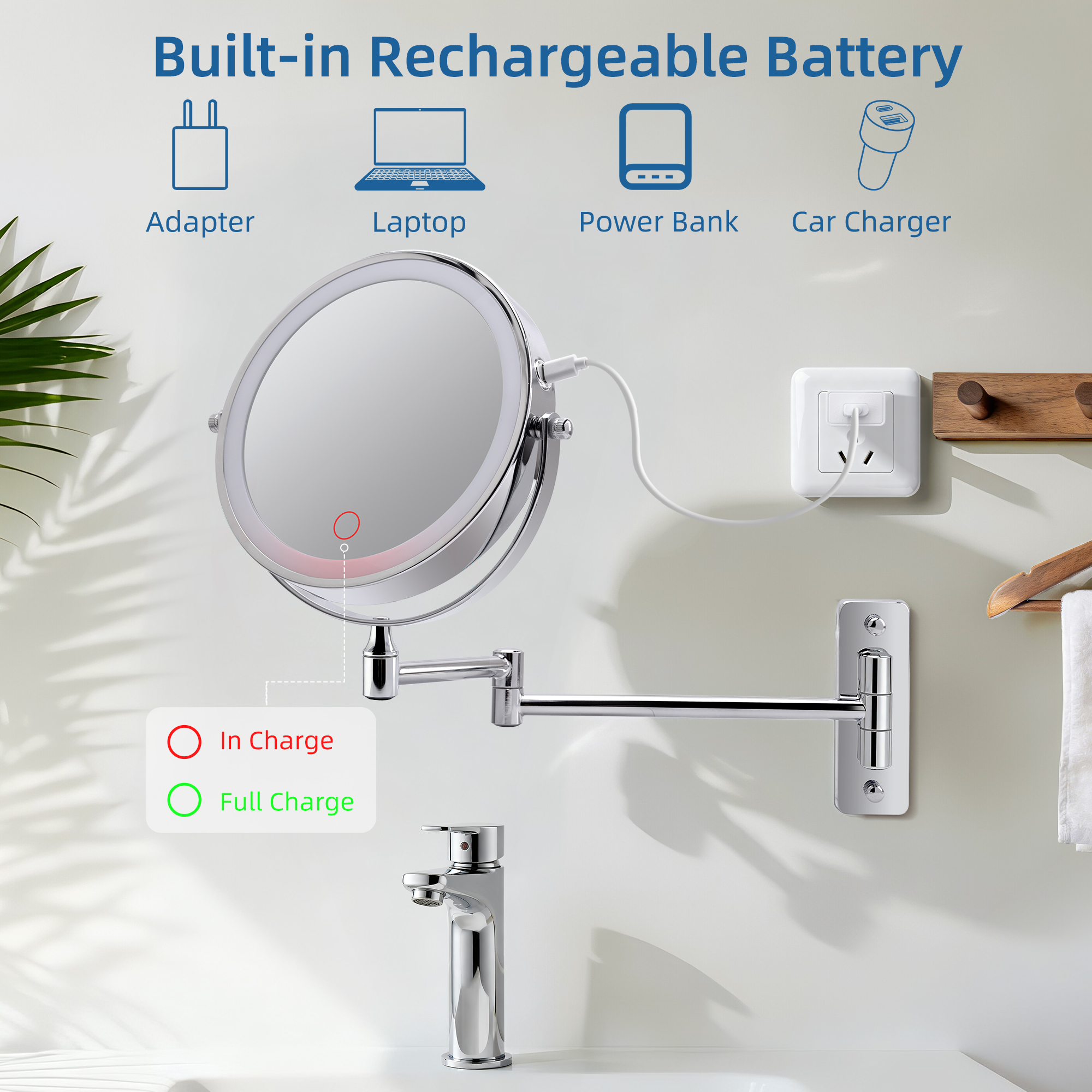 Wall Mounted Lighted Makeup Mirror,1000mAh Rechargeable Double Sided 1X 10X Magnifying Mirror With Light,3 Color Lights,Touch Dimmable,Extended Arm 360 Rotation Wall Mounted Makeup Mirror thumbnail 3