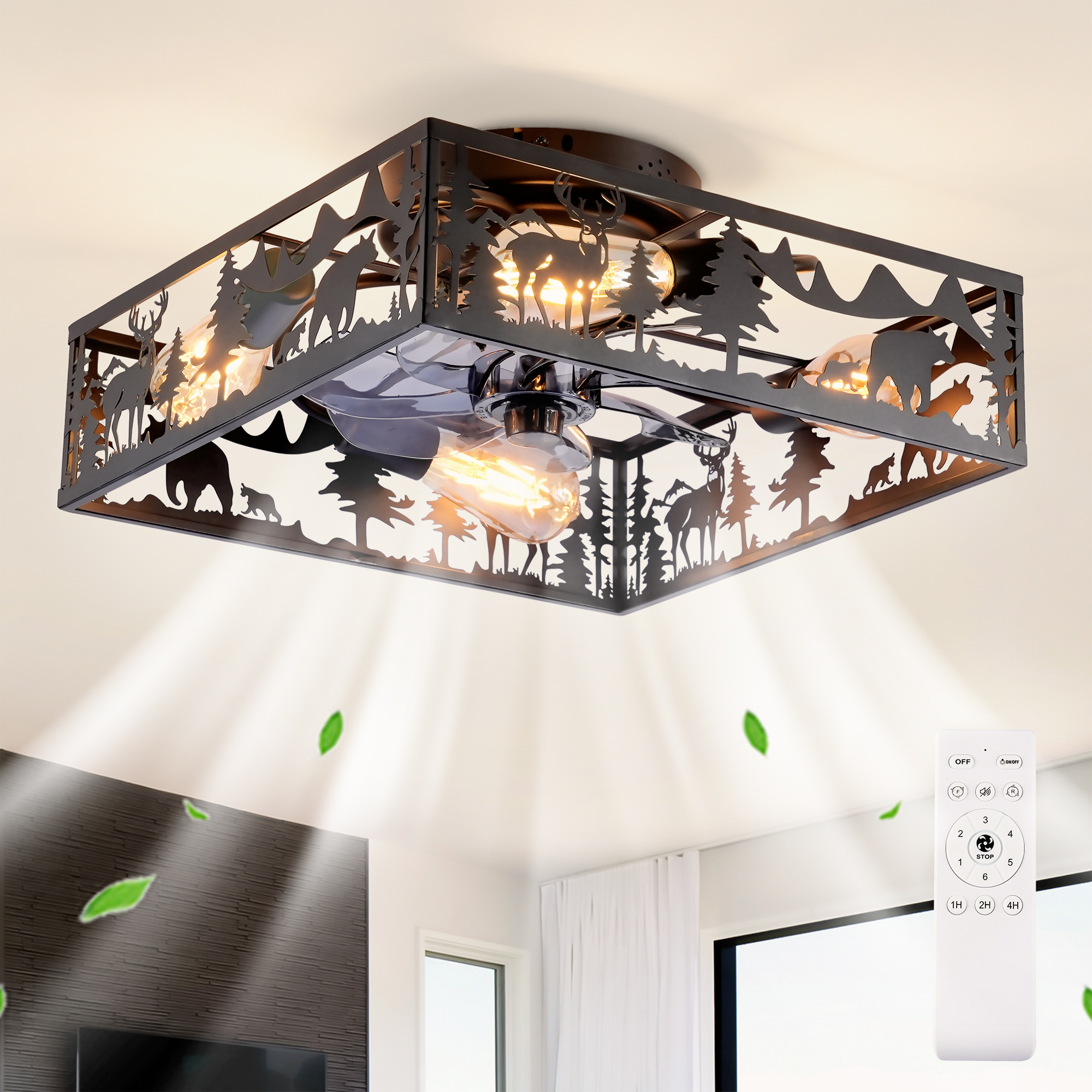20   Square Fabric Farmhouse Flush Mount Ceiling Fan .Bladeless Ceiling Fan 6 Speed Reversible With  Remote Control,Flush Mount  Ceiling Fan For Bedroom, Living Room--NOT Included Bulbs--Matte Black — foto 3