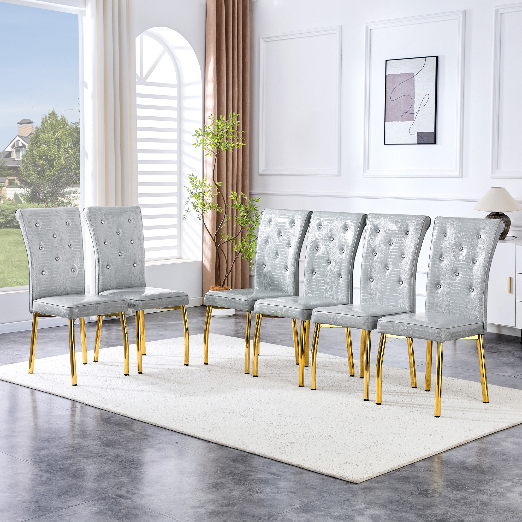 A Set Of 4 Gray And Gold Vintage Crocodile Leather Cushioned Dining Chairs, Featuring Crystal Clasp Design And Artificial Leather Design, Adding A Touch Of Elegance And Mystery To The Dining Area — foto 5