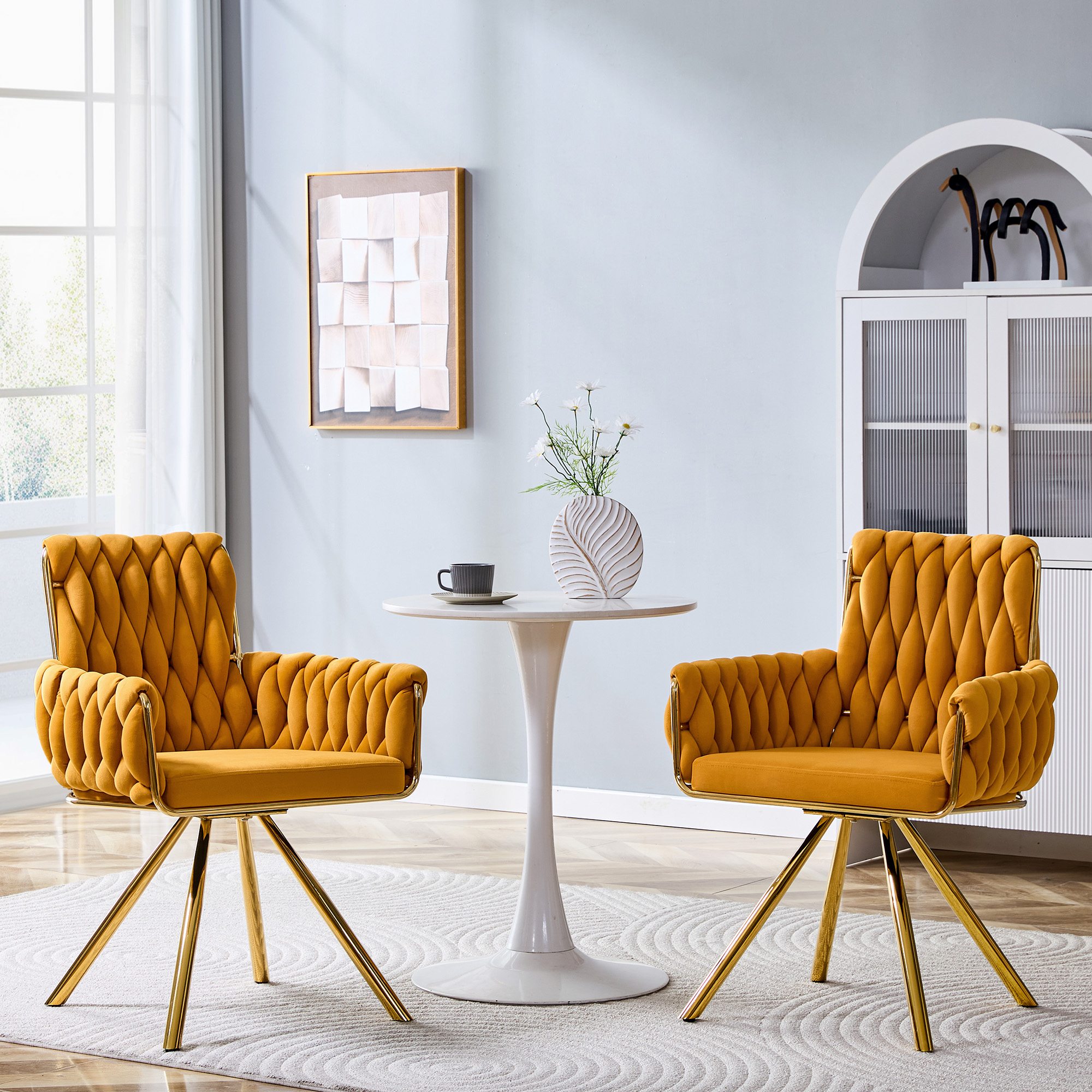 Set Of 2 Modern Luxury Velvet Braided Accent Dining Chair With Gold Metal Legs, Upholstered Armchair With Woven Rope Backrest For Dining Room, Living Room Or Bedroom-Yellow — foto 4