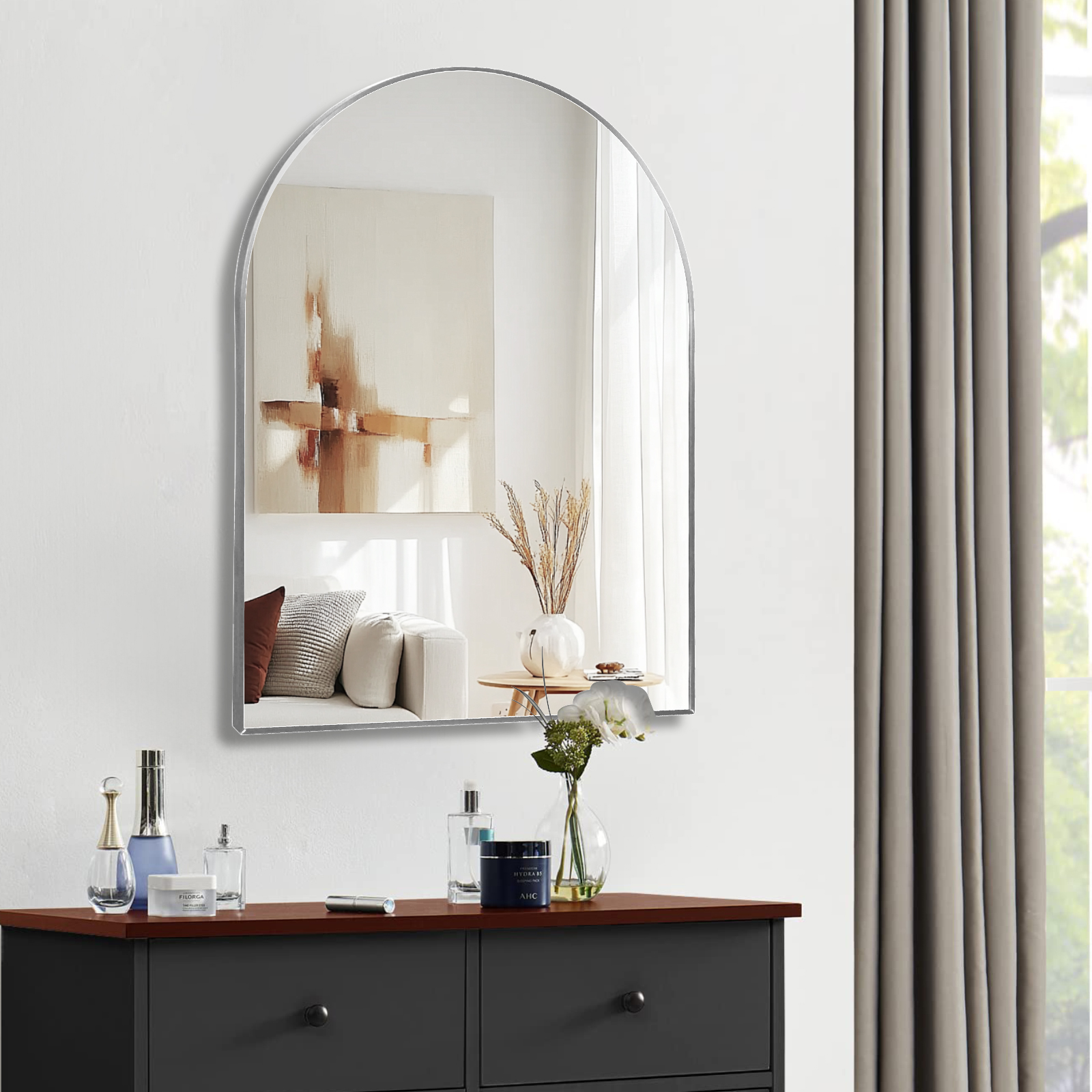 Miroir de salle de bain arqué avec cadre en métal argenté de 30 x 40 pouces pour mur – Image 2