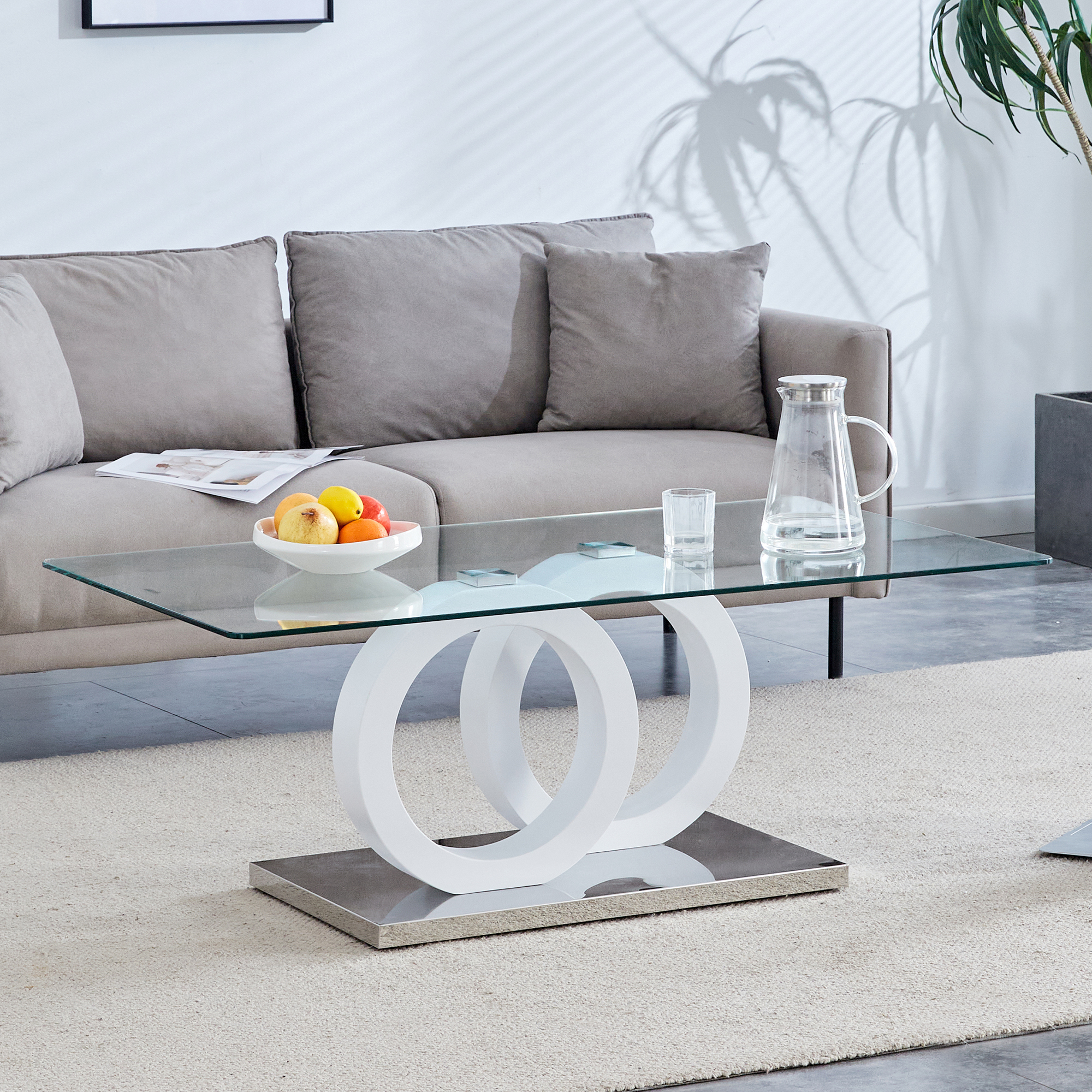 Contemporary Style Glass-Top MDF Coffee Table With White Base - Suitable For Living Rooms And Lounge Areas, Product Dimensions Are 47.2x25.6x17.8Inches. — foto 2