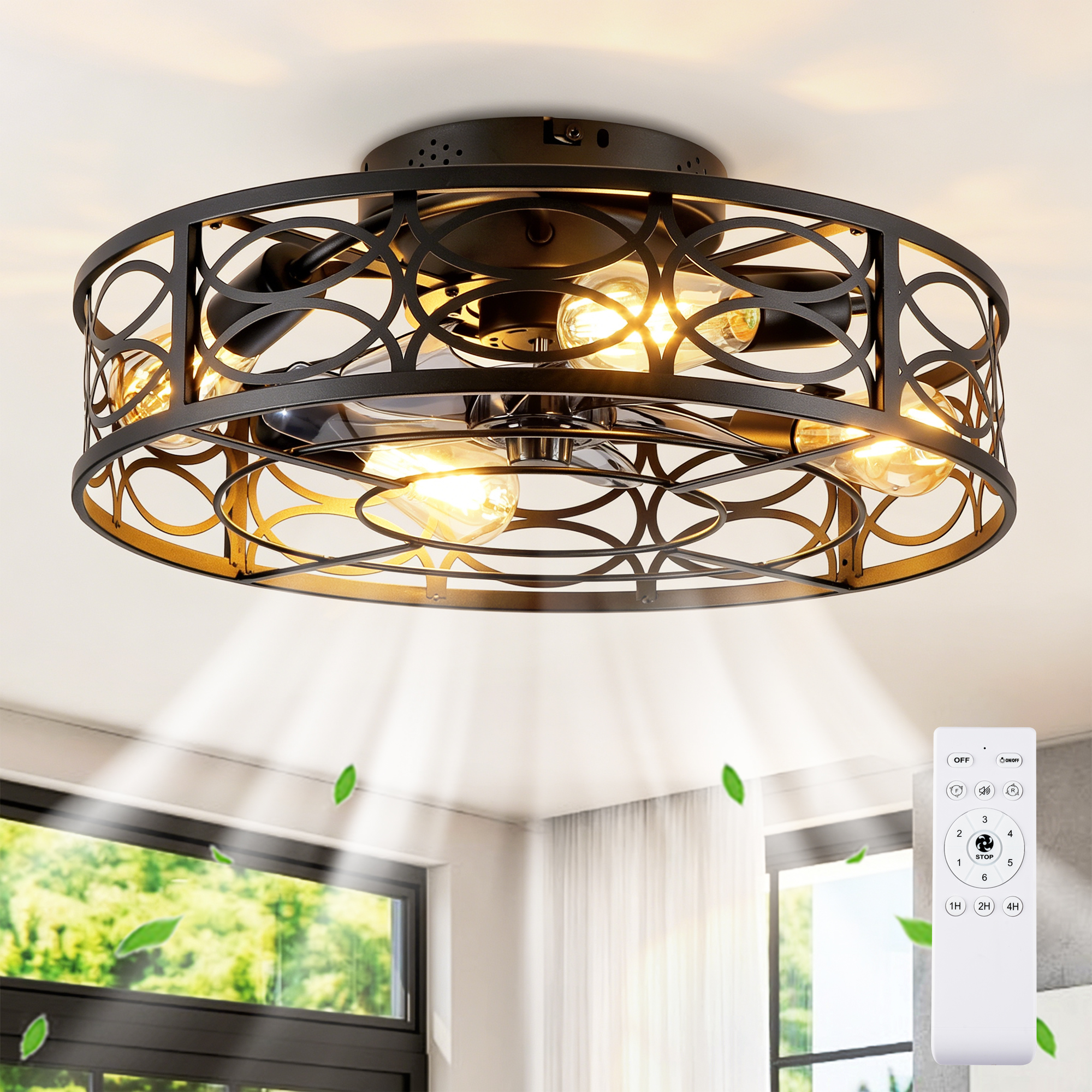 20  Low Profile Caged Ceiling Fans With  Remote Control,6 Speed, Farmhouse Flush Mount Ceiling Fan With 6 Speeds Reversible Motor, For Kitchen, Bedroom--NOT Included Bulbs — foto 5