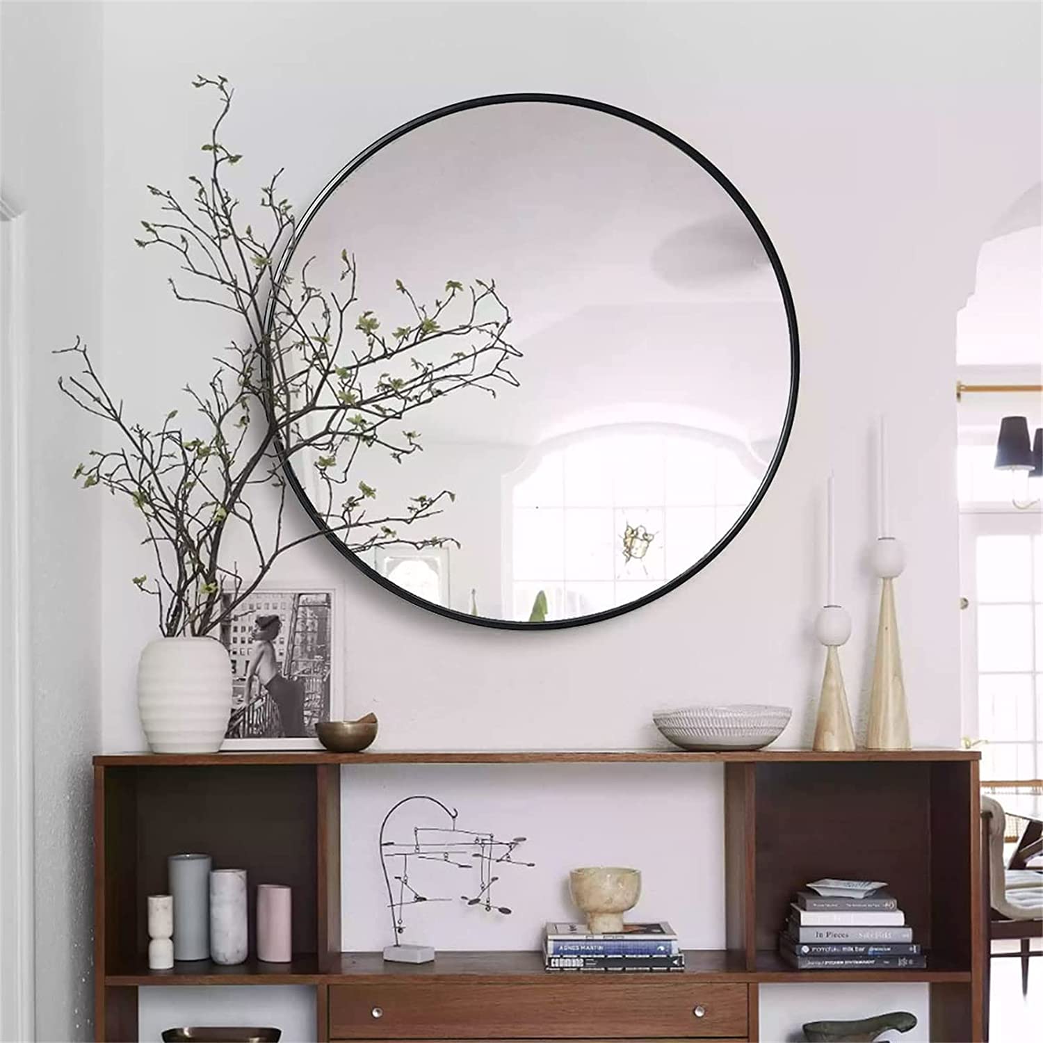 30 Inch Black Metal Framed Round Bathrrom Mirror For Wall. thumbnail 2