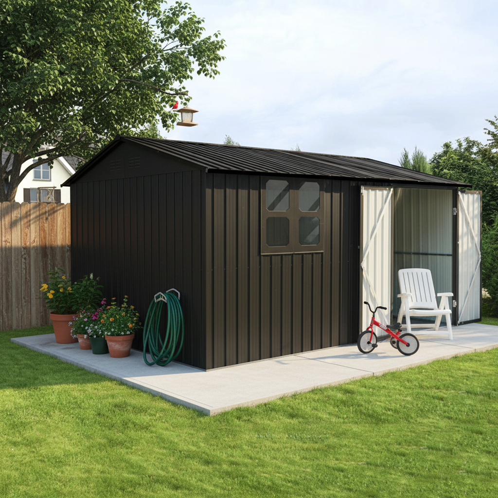 12x10 Ft Metal Garden Sheds Outdoor Storage Sheds Black With Window With Goods Shelves — foto 3